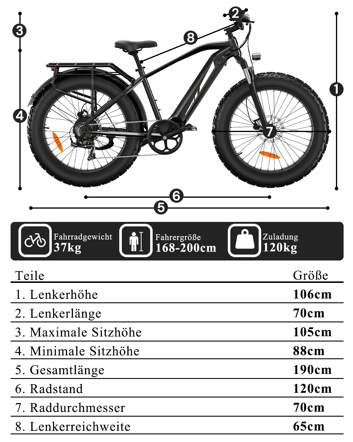 Diagramm eines schwarzen E-Bikes mit verschiedenen Maßangaben, Gewichts- und Größenlimits sowie einer Maßtabelle.