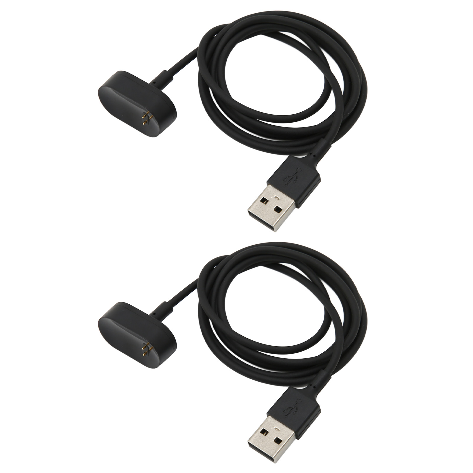 Zwei schwarze Ladekabel mit USB-A-Anschlüssen und magnetischen Ladeköpfen auf weißem Hintergrund.