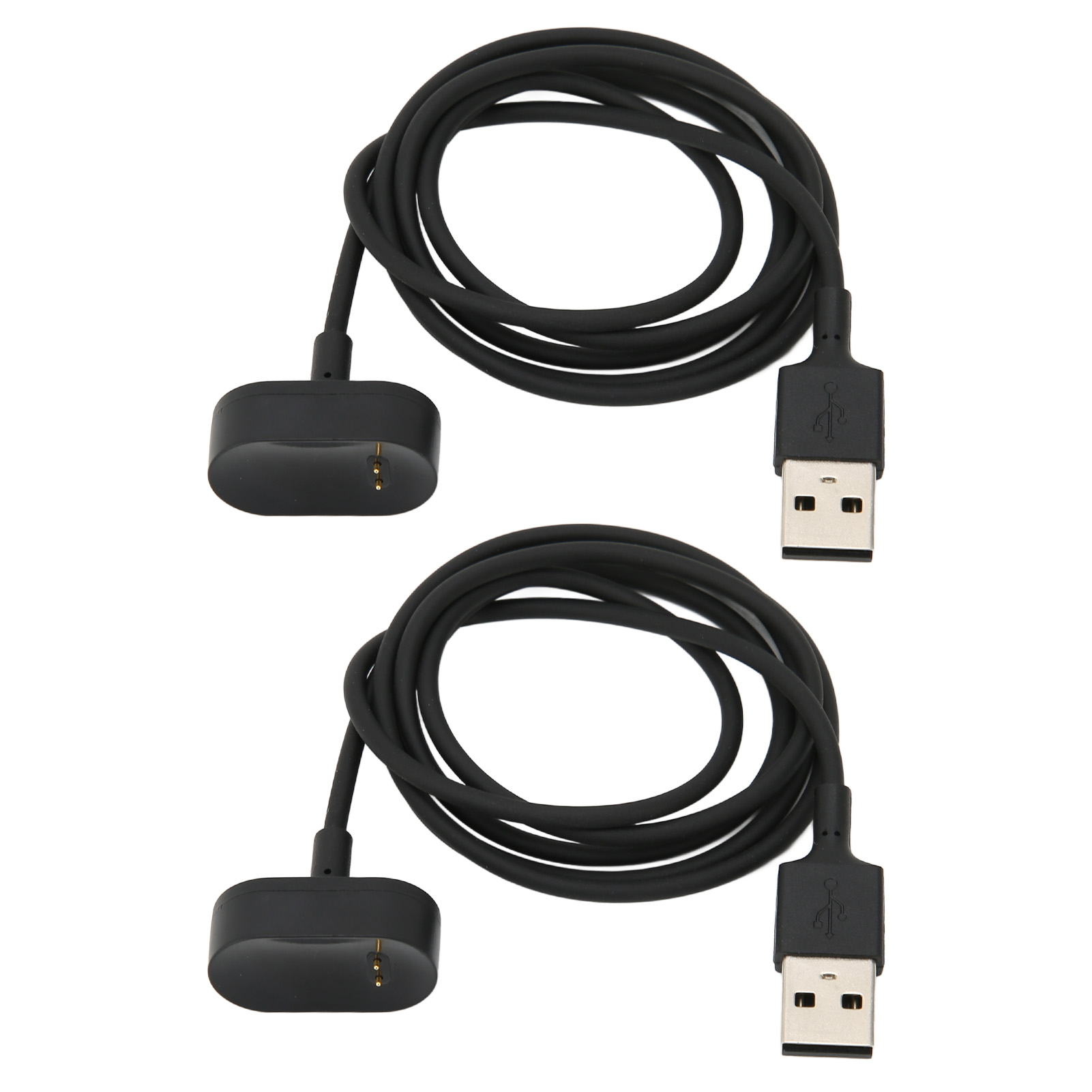 Zwei schwarze Ladekabel mit USB-A-Anschlüssen und magnetischen Ladedocks auf weißem Hintergrund.
