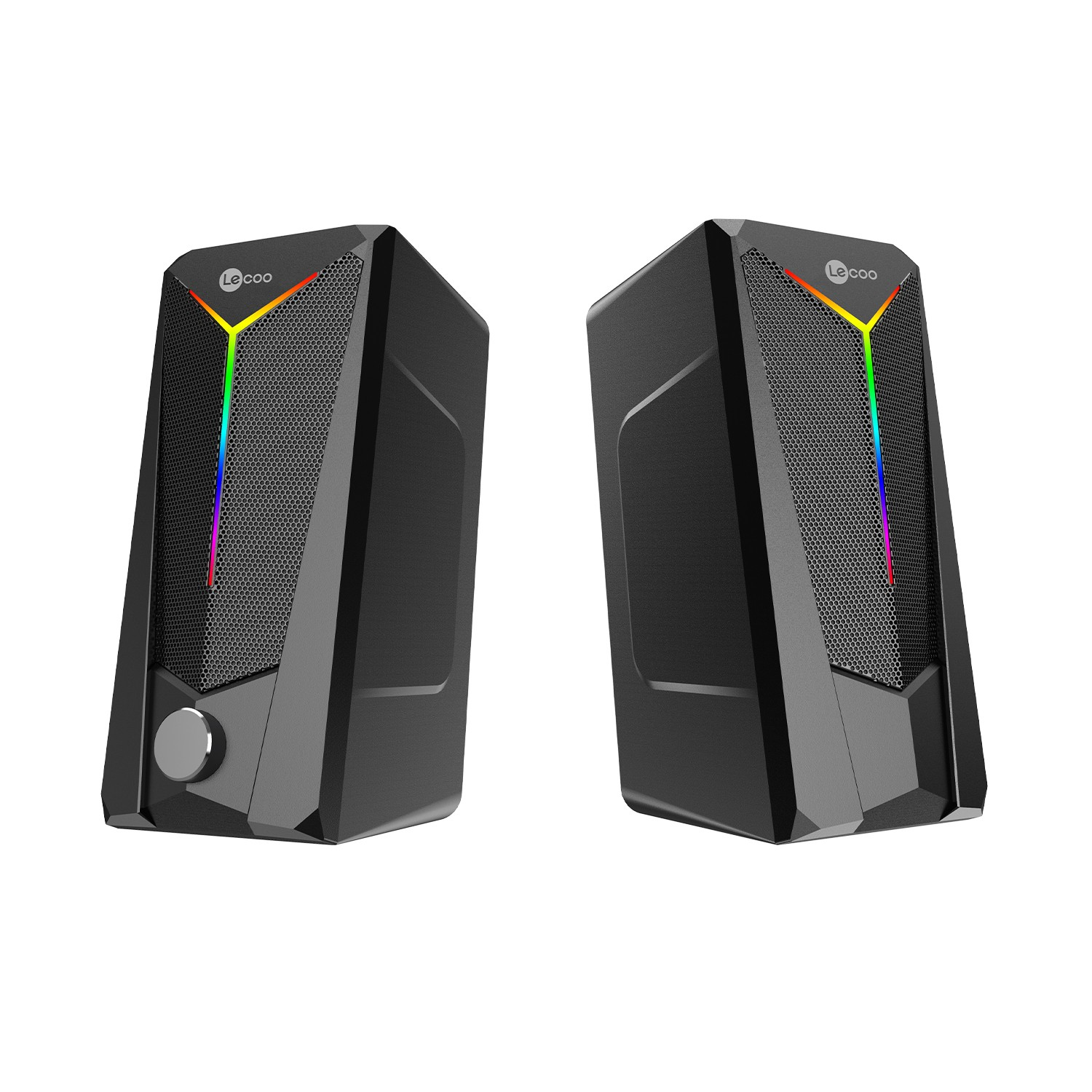Beyaz arka planda RGB aydınlatmalı ve metal düğmeli iki siyah oyun hoparlörü.