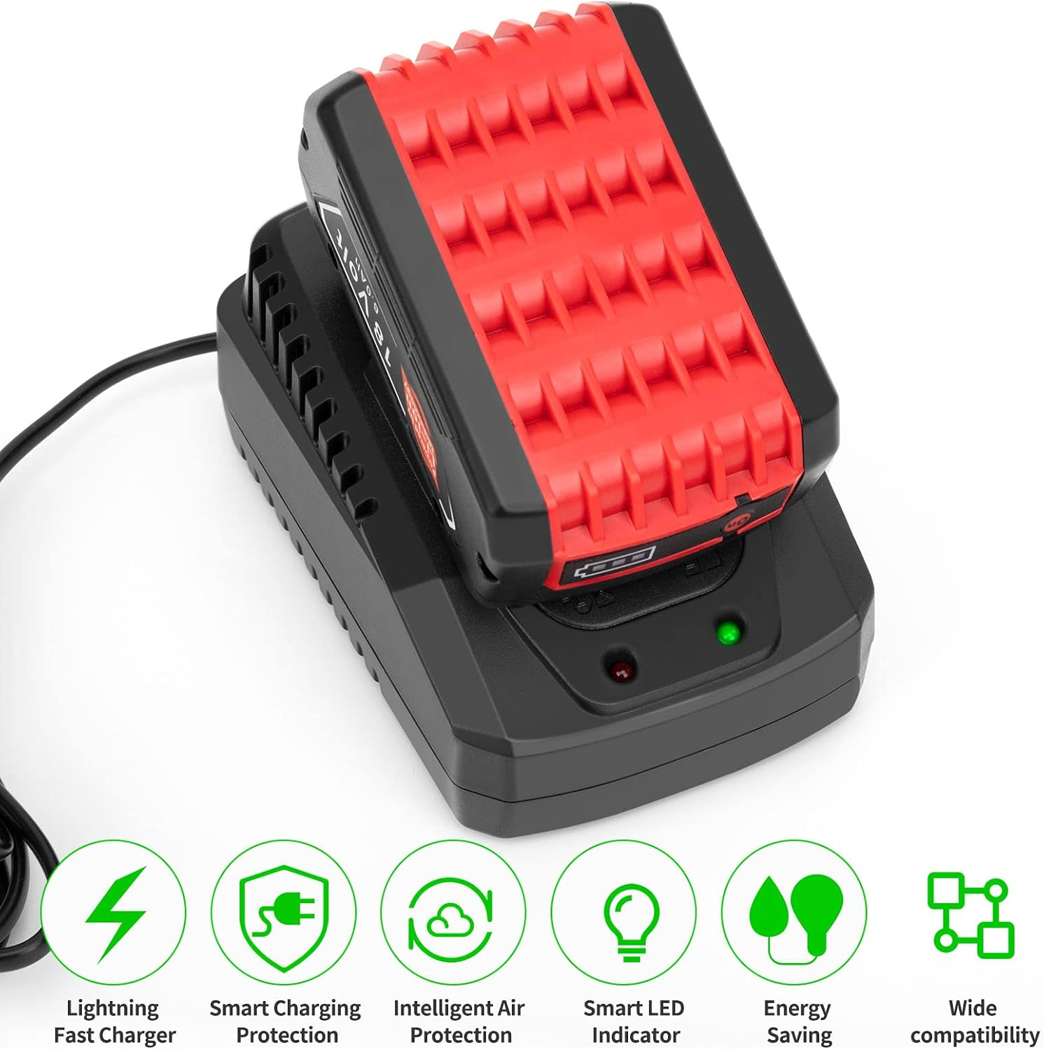Ein roter Akku auf einem schwarzen Ladegerät mit grüner LED und sechs Feature-Icons unten.