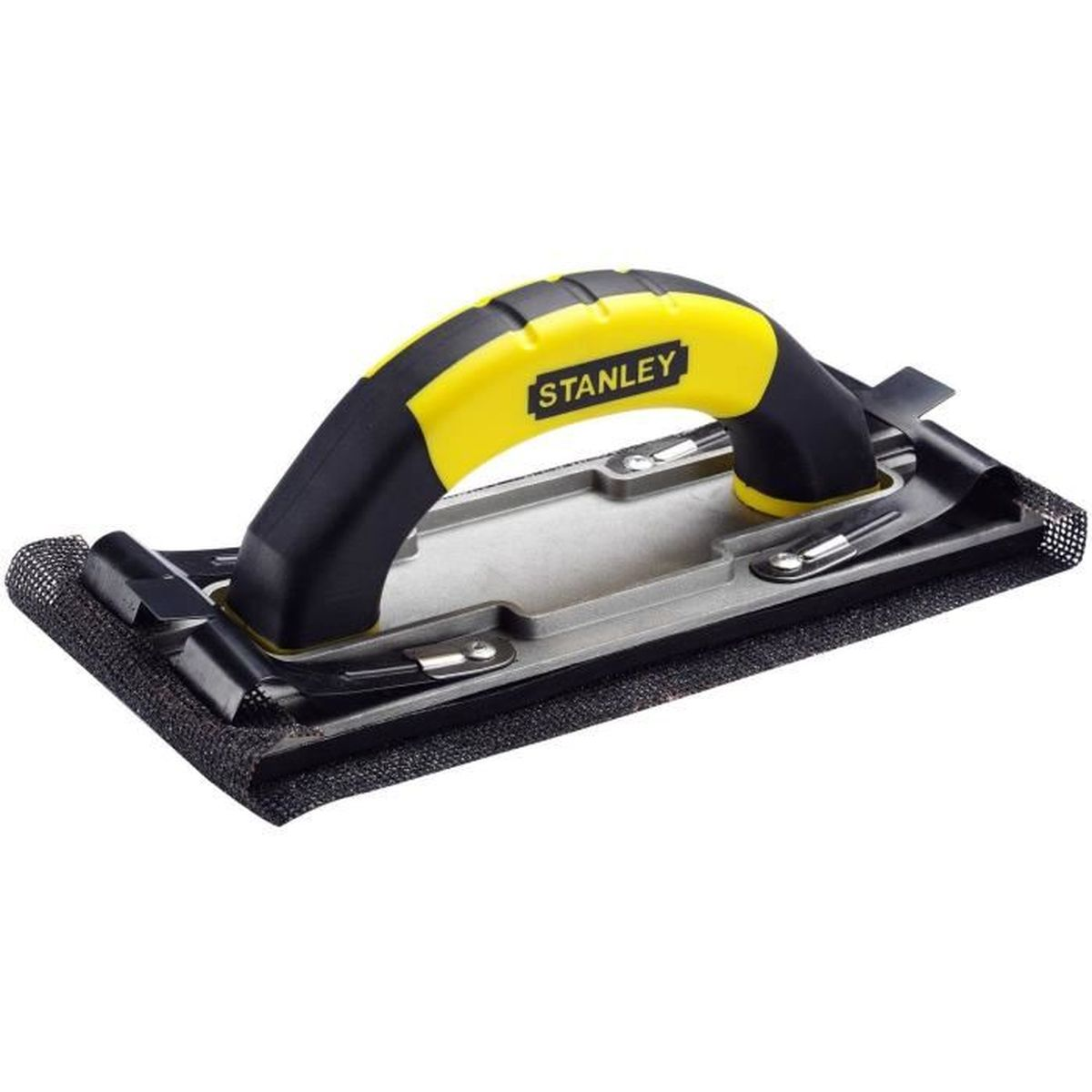 Eine Stanley Handschleifmaschine mit gelb-schwarzem Griff auf weißem Hintergrund.