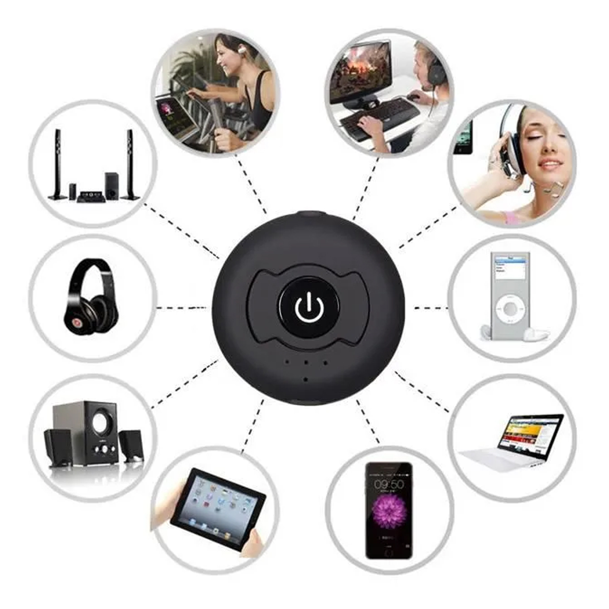 Ein schwarzer runder Bluetooth-Adapter, umgeben von Icons kompatibler Geräte wie Handys und Laptops.