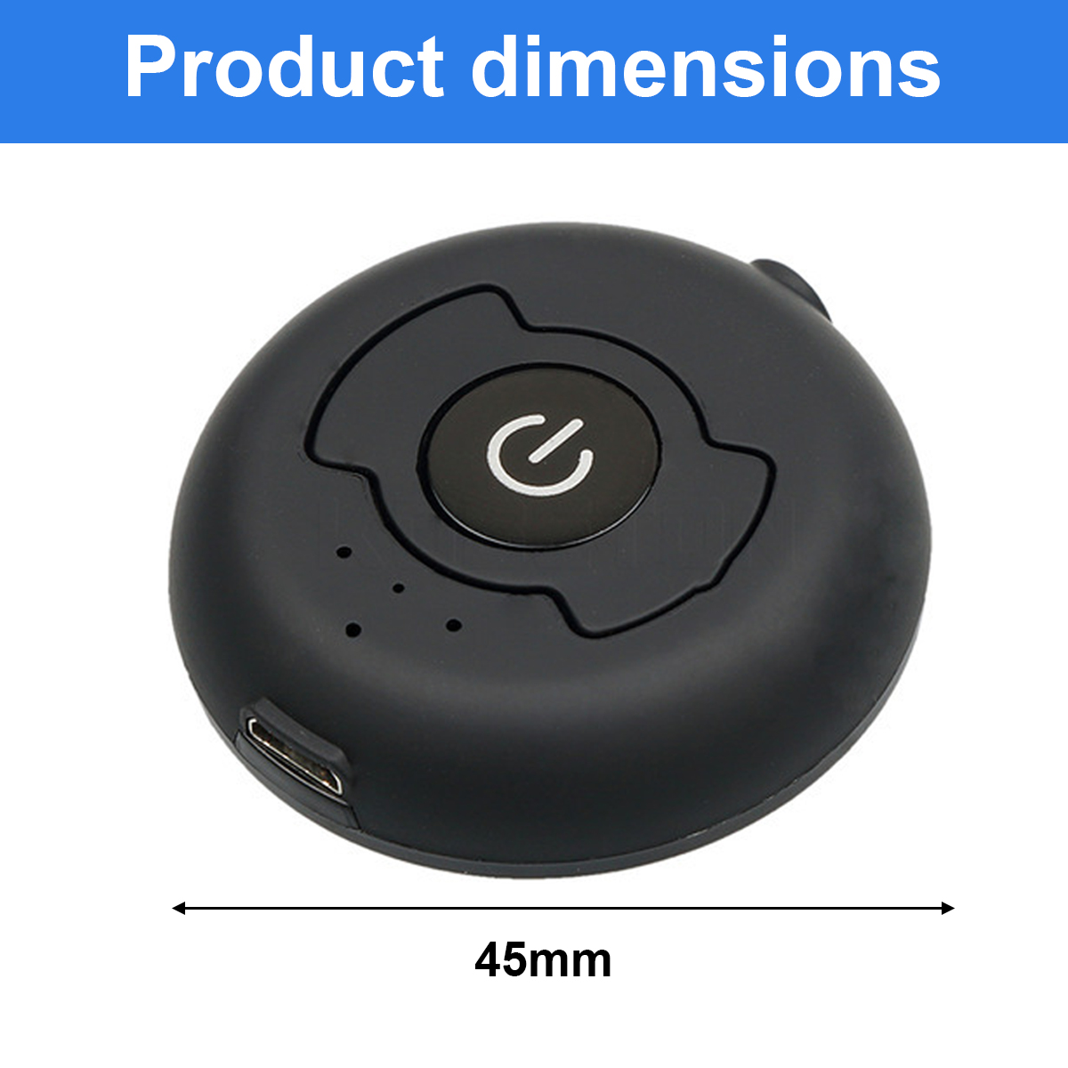 Schwarzes rundes Gerät mit einer Größe von 45mm, Power-Knopf und USB-Anschluss.