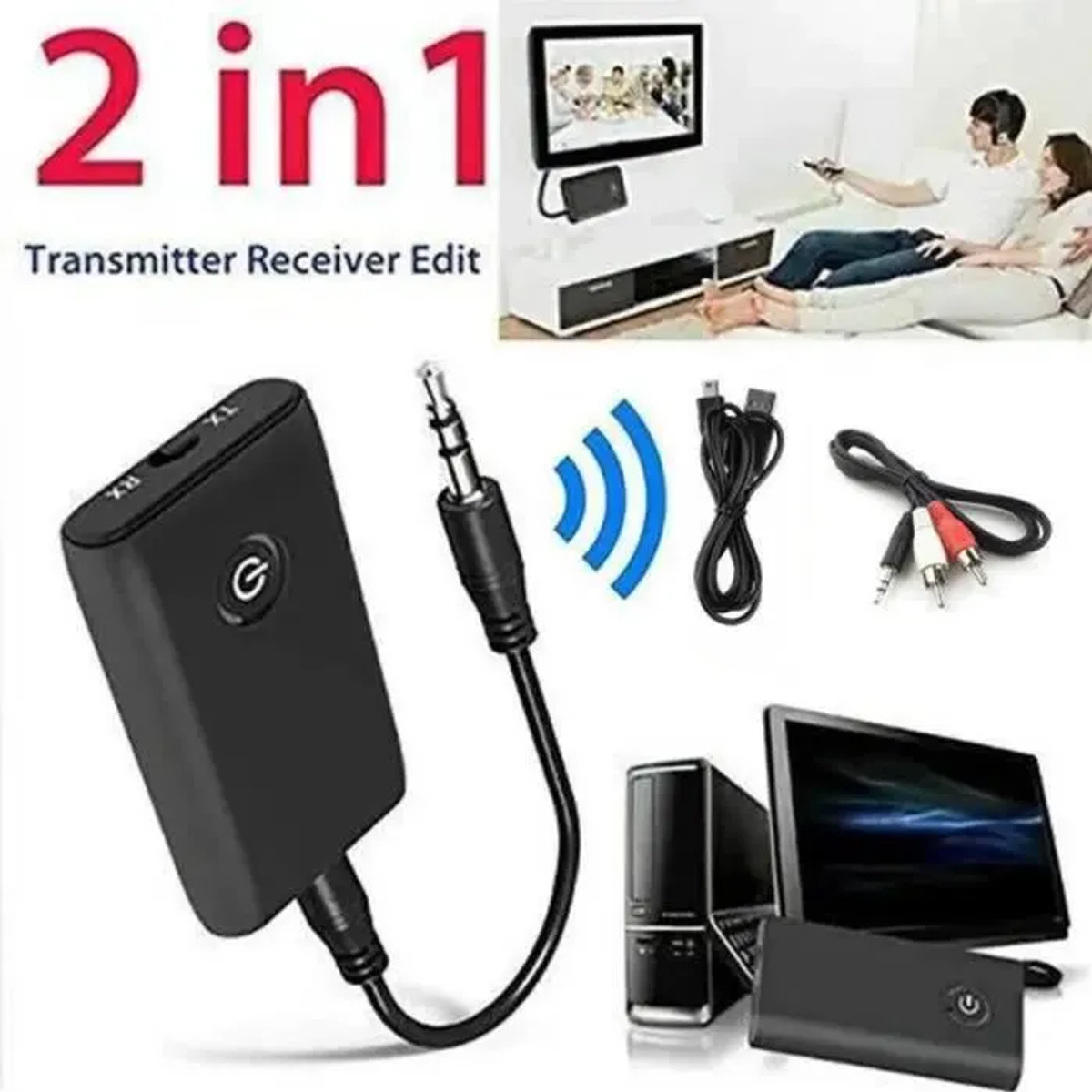 Ein schwarzer 2-in-1-Bluetooth-Audio-Sender und -Empfänger mit Kabeln und Anwendungsbeispielen.