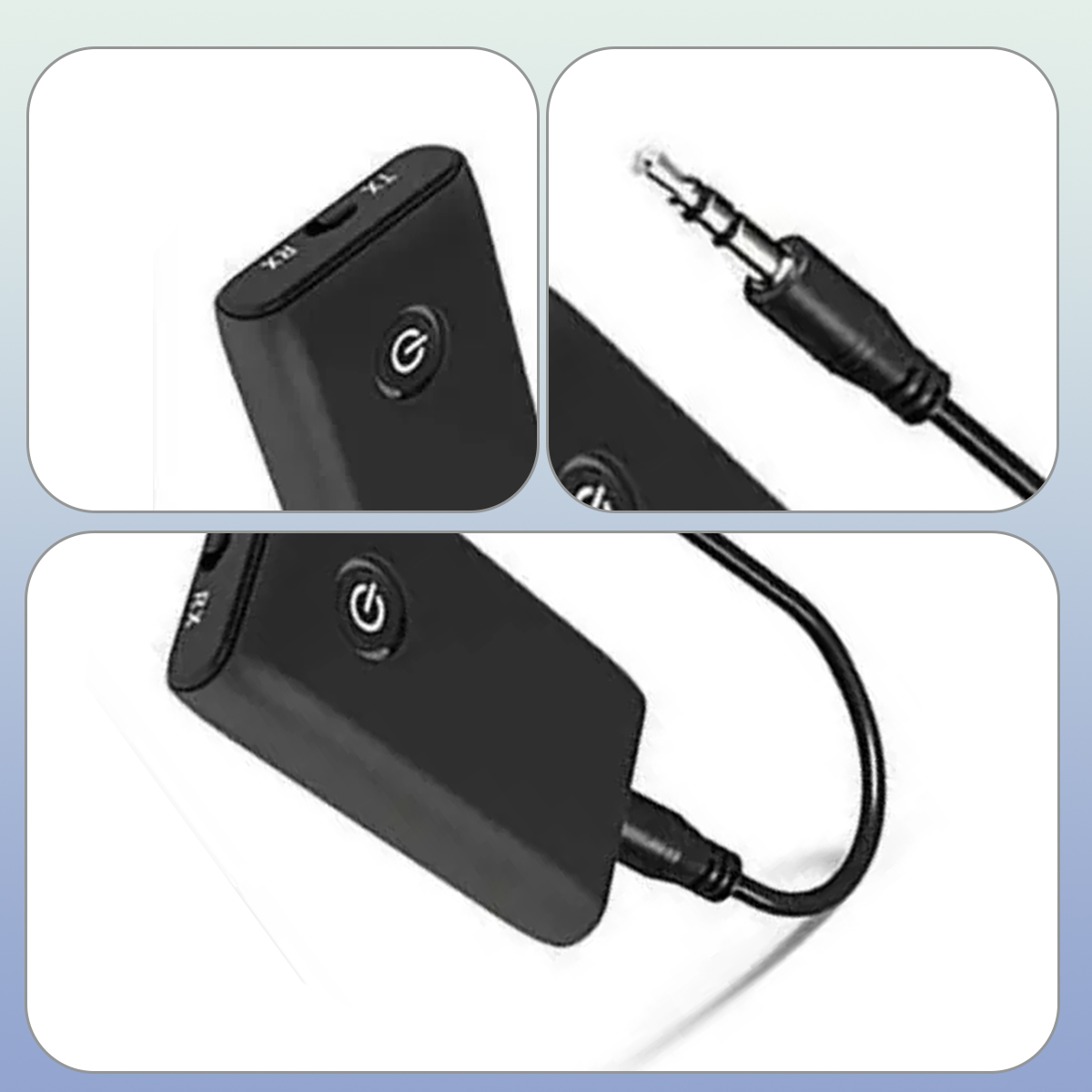 Ein schwarzer Audioadapter mit Ein-Aus-Taste, Schalter und Audiokabel.