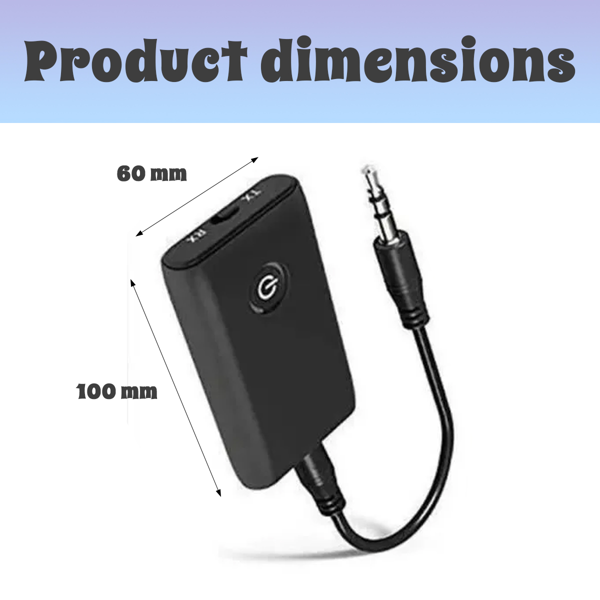 Diagramm zeigt die Produktabmessungen eines schwarzen Audio-Adapters mit 60 mm und 100 mm.