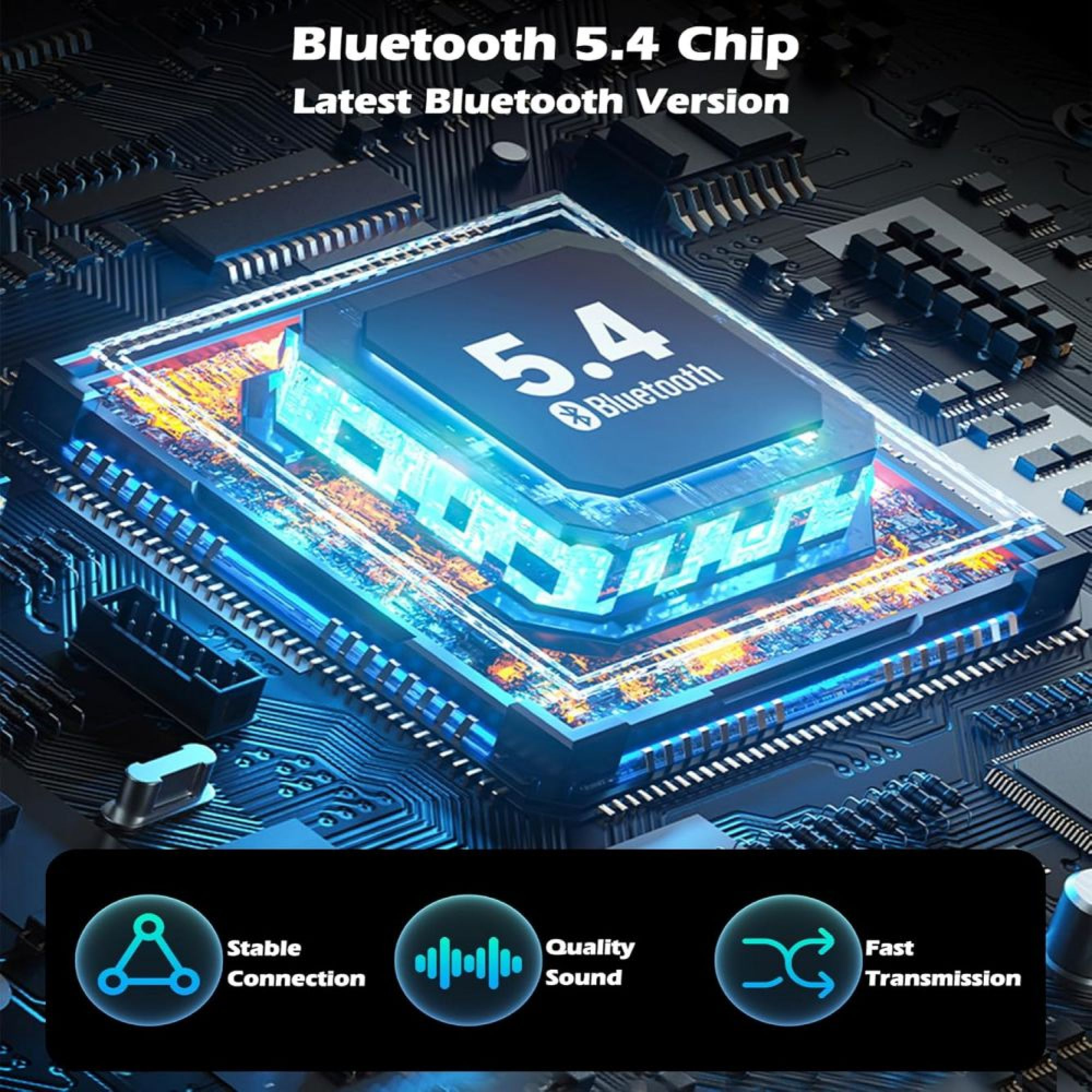 Ein Bluetooth 5.4 Chip auf einer grün-schwarzen Platine mit Text und Funktionssymbolen unten.
