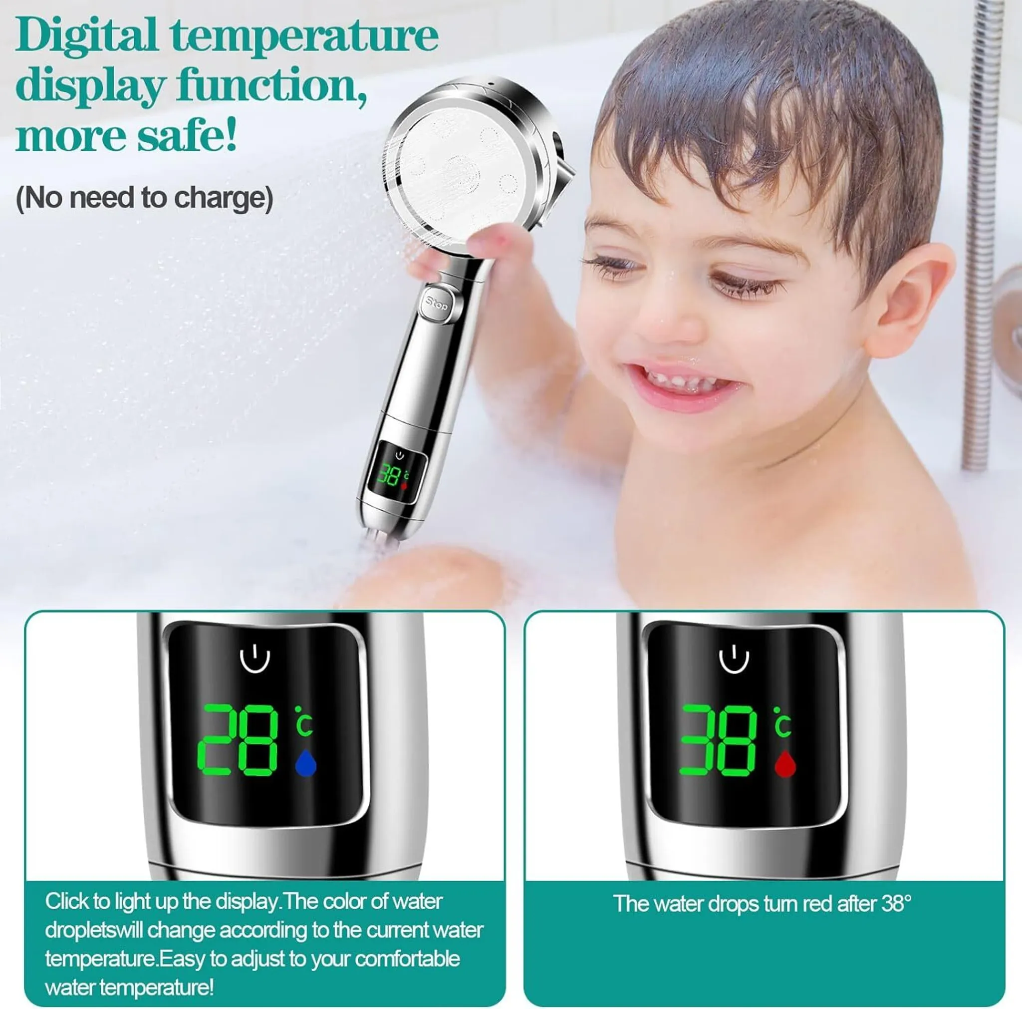 Ein glückliches Kind in der Badewanne hält eine silberne Duschbrause mit digitaler Temperaturanzeige.
