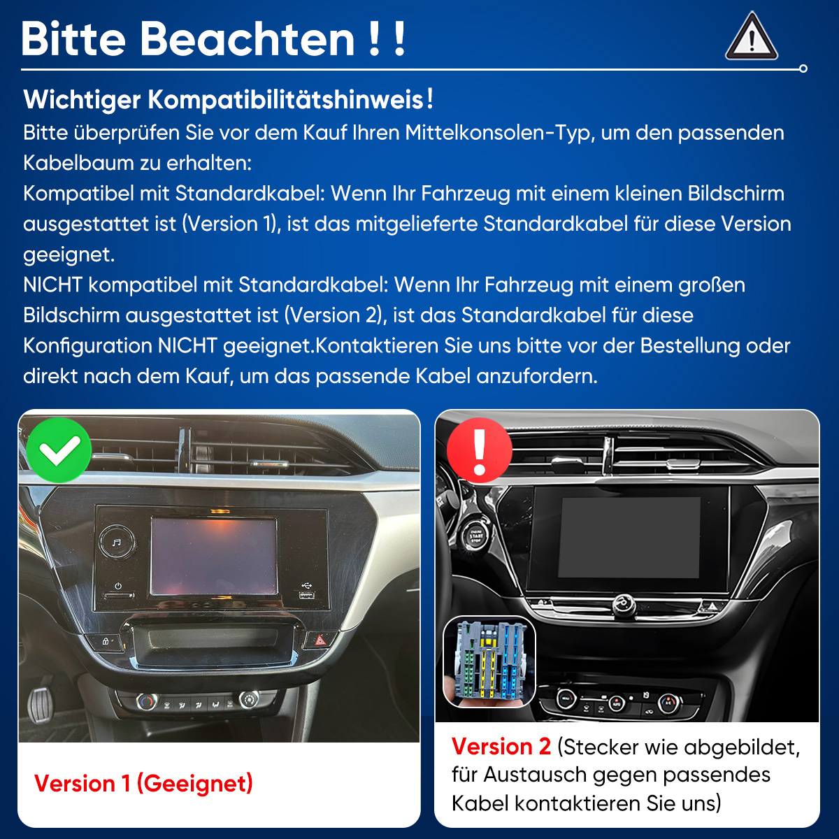 Kompatibilitätsanleitung mit zwei Auto-Armaturenbrettversionen, deutschen Hinweisen und Symbolen.