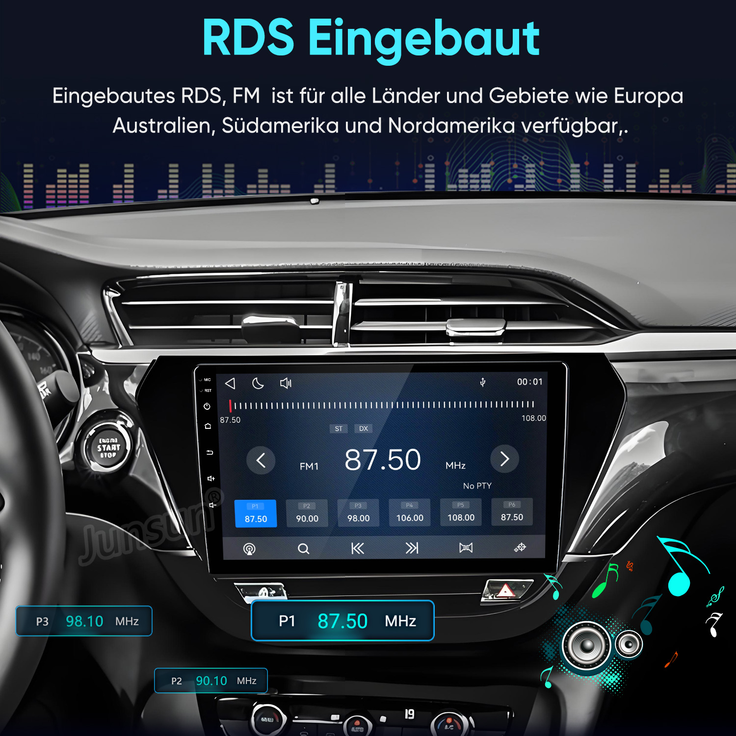 Autoradio mit RDS-Funktion und Touchscreen in einem Auto-Armaturenbrett.