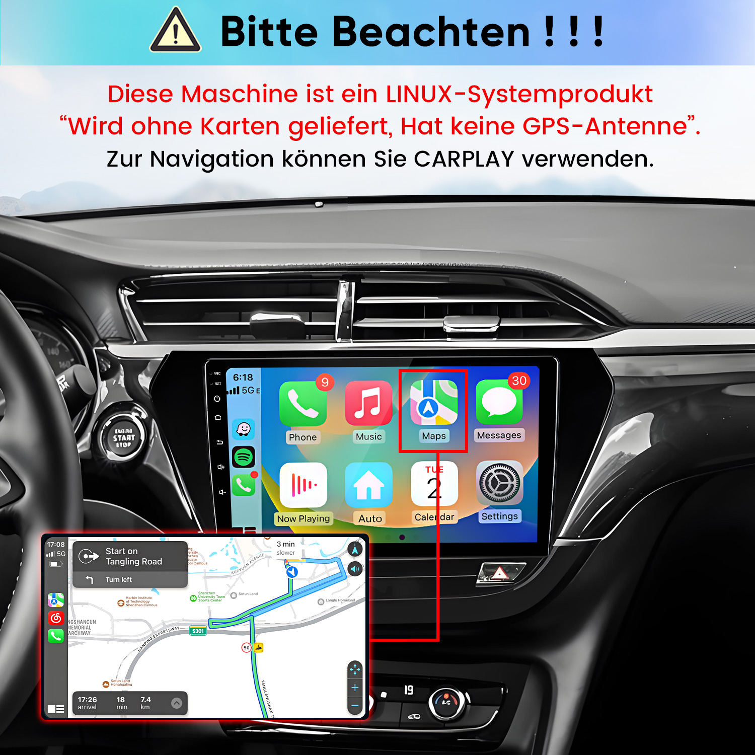 Linux-Autoradio mit Carplay-Navigation und App-Bildschirm im Armaturenbrett eines Autos.