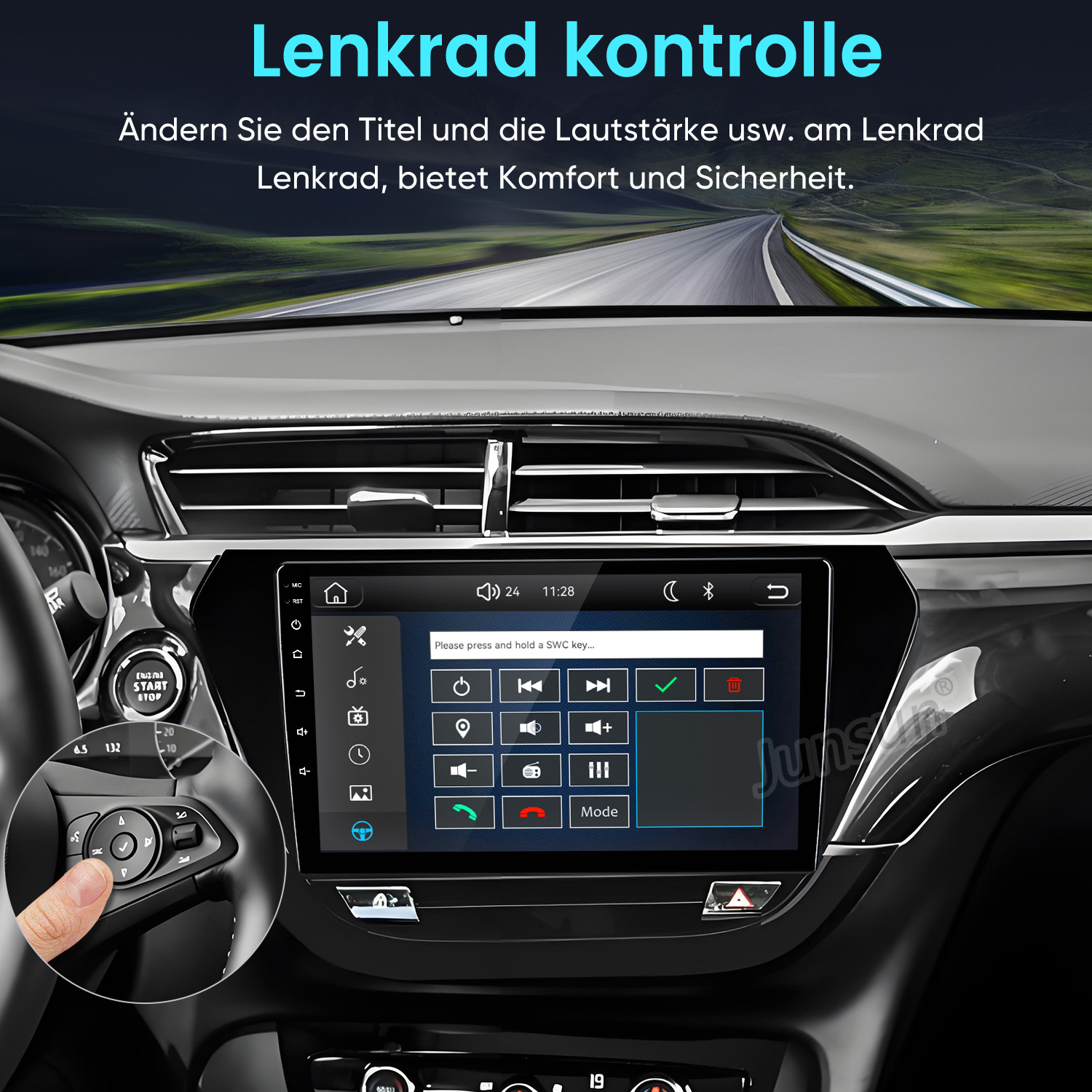 Autoinnenraum mit Touchscreen-Infotainment-System und Lenkradsteuerung.