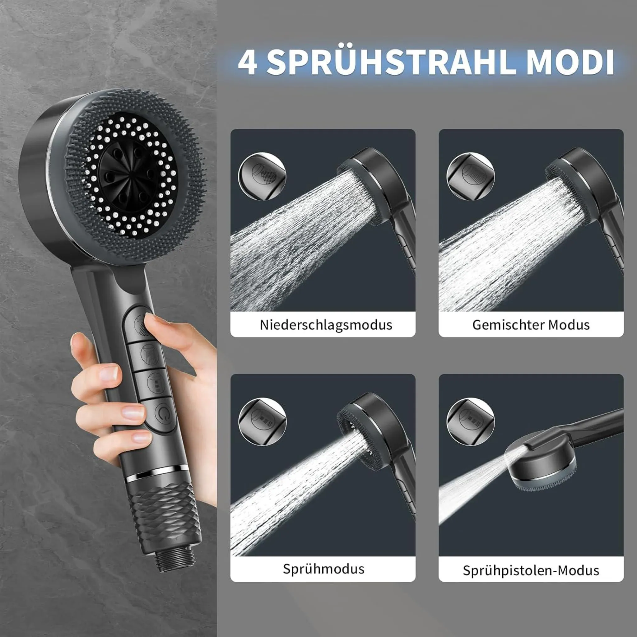 Dunkler Duschkopf mit Silikonborsten und vier verschiedenen Sprühstrahl-Modi auf grauem Hintergrund.