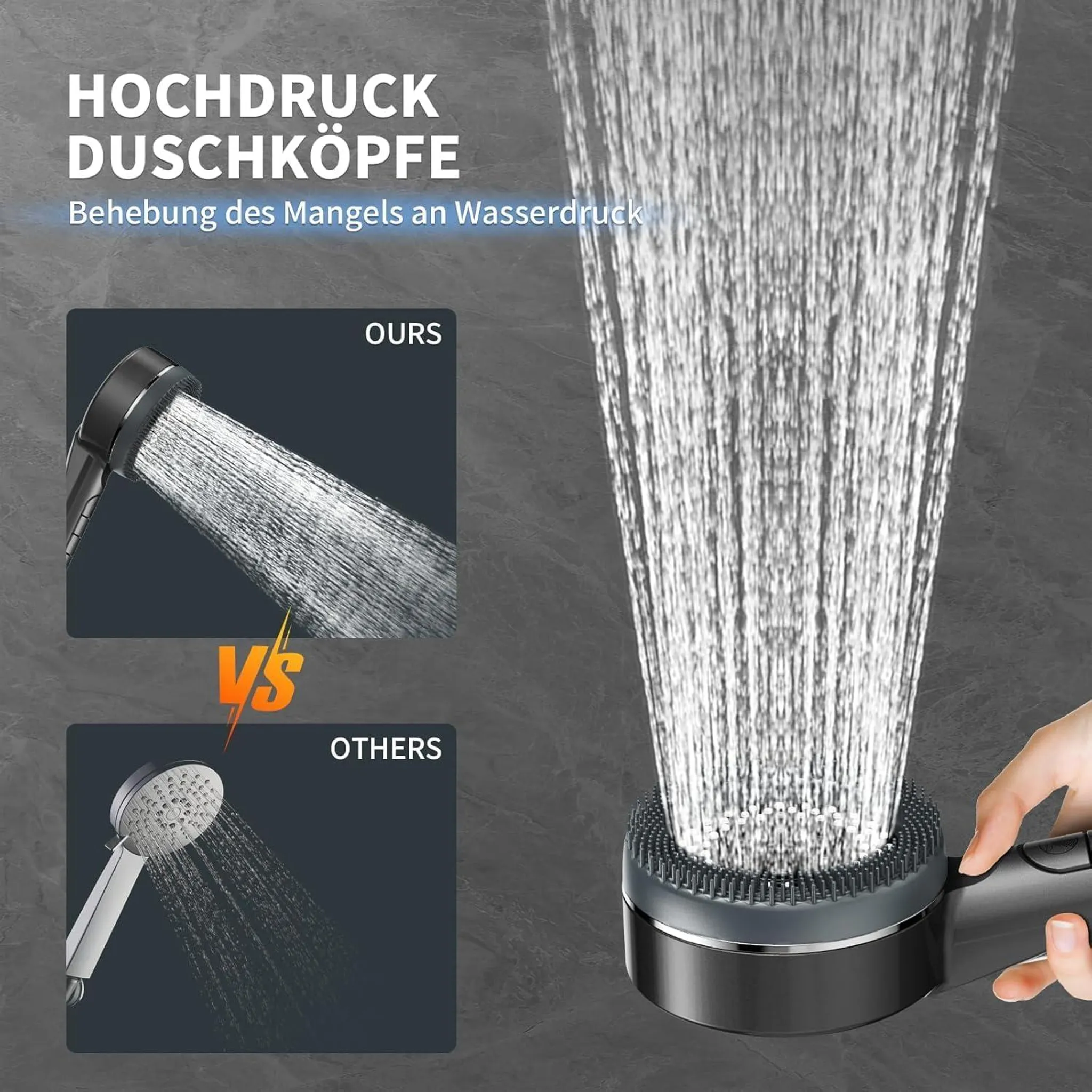 Vergleich eines Hochdruck-Duschkopfs mit starkem Wasserstrahl im Vergleich zu einem herkömmlichen Duschkopf.