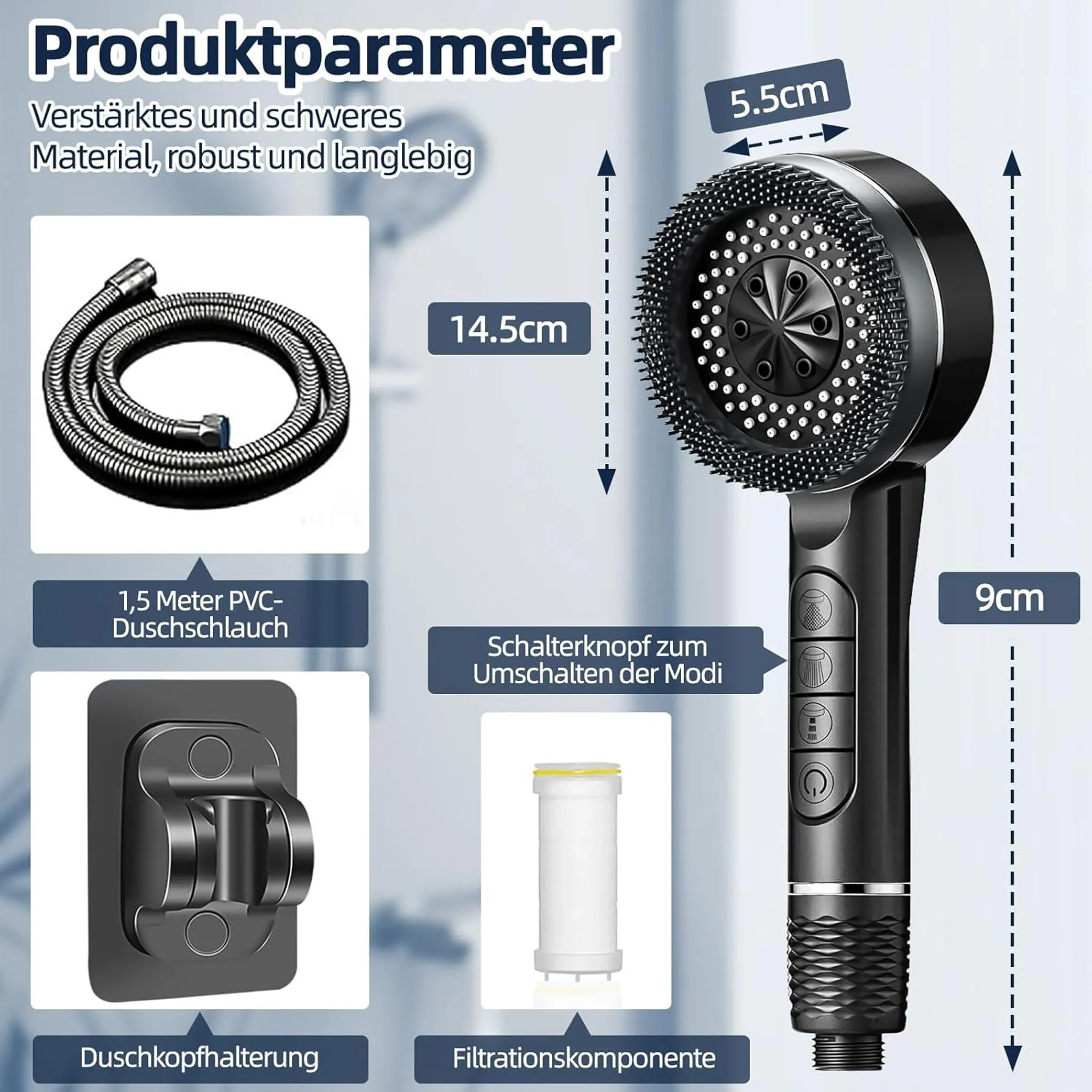 Produktparameter mit Duschkopf, 1,5m Schlauch, Halterung und Filterkomponente sowie Maßangaben.