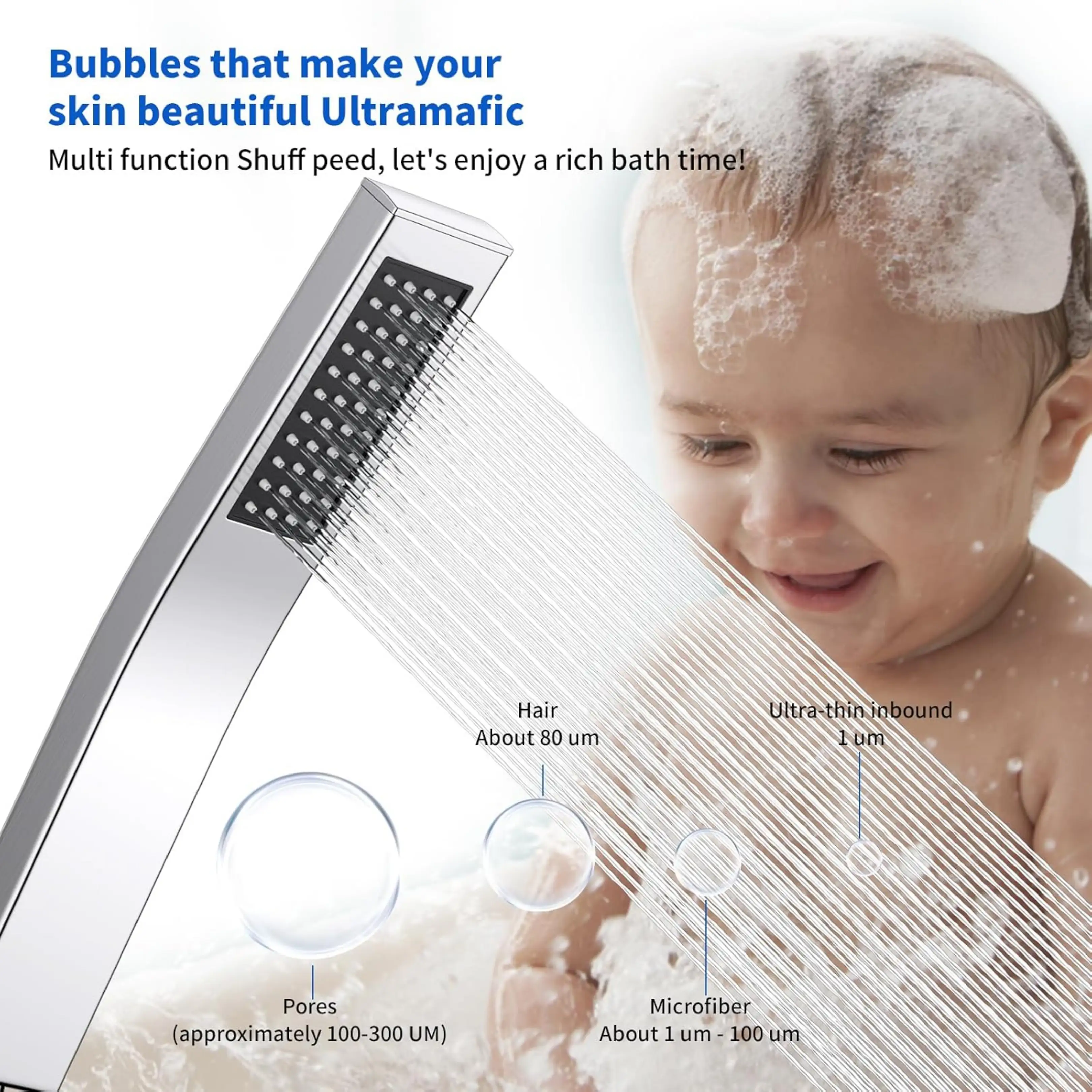 Moderne Duschkopfbrause sprüht Wasser vor einem glücklichen, schaumbadenden Baby.
