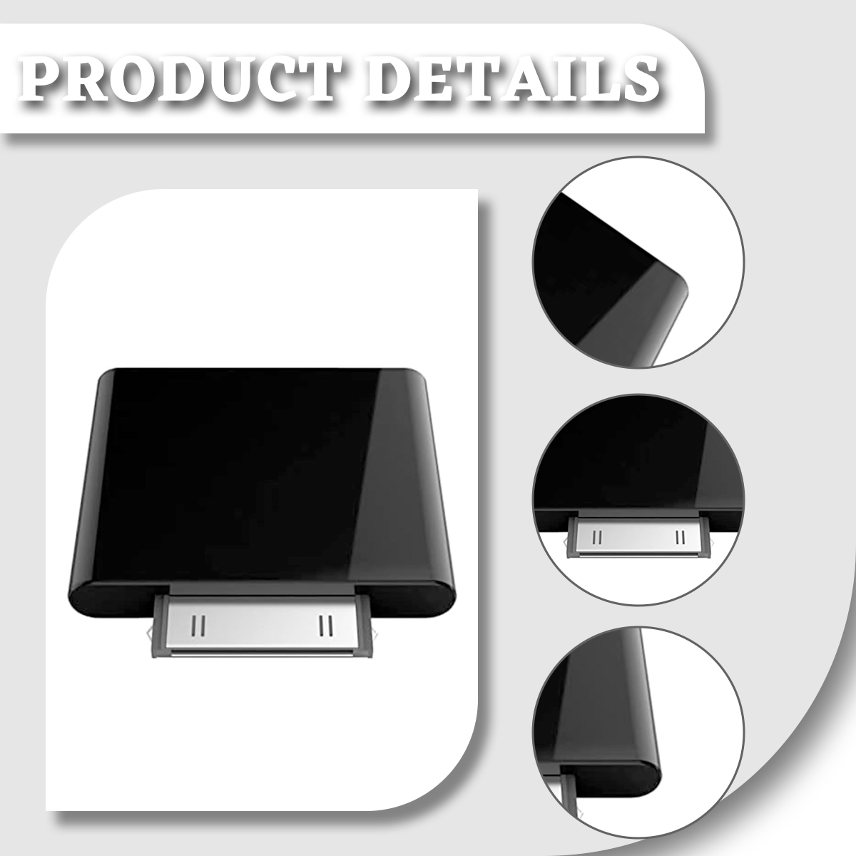 Produktdetails eines schwarzen Gadgets mit Dock-Anschluss und drei Detailansichten in Kreisen.