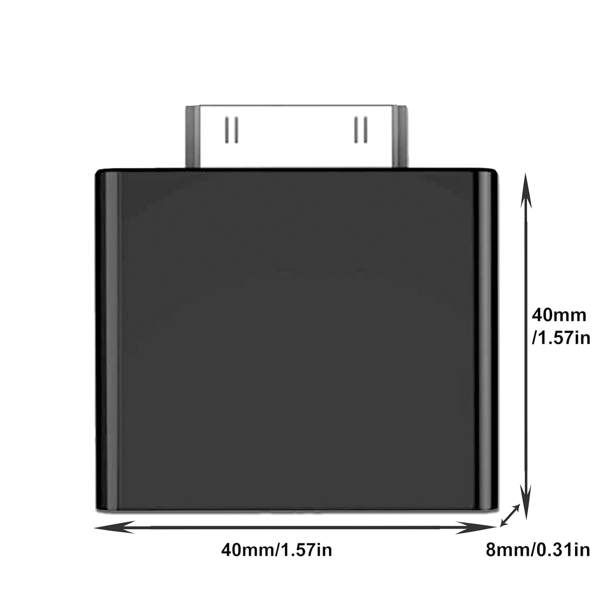Ein schwarzer 30-Pin-Adapter mit Maßen von 40x40x8 mm.