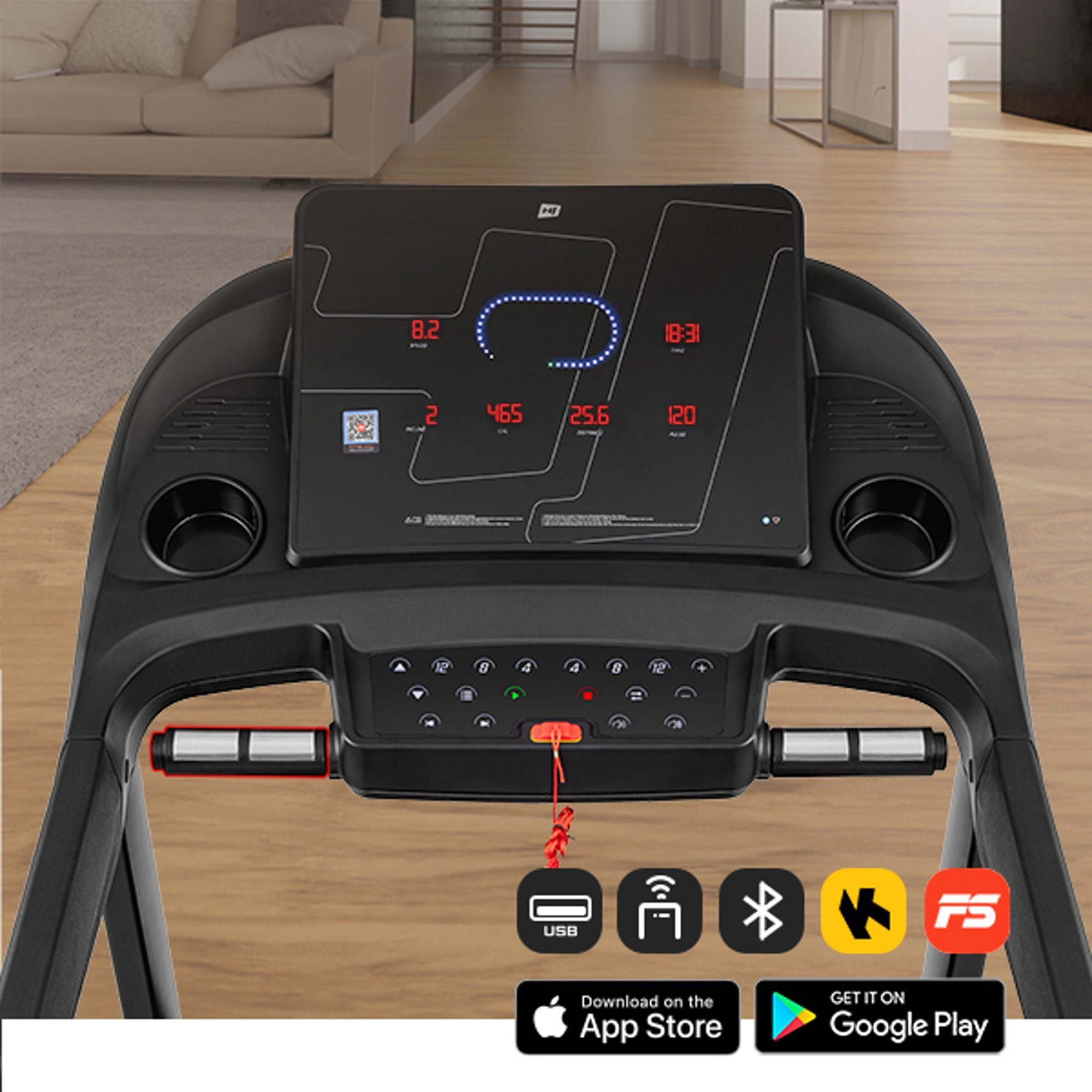 Laufbandkonsole mit digitalem Display und Bedienknöpfen in einem hellen Raum.