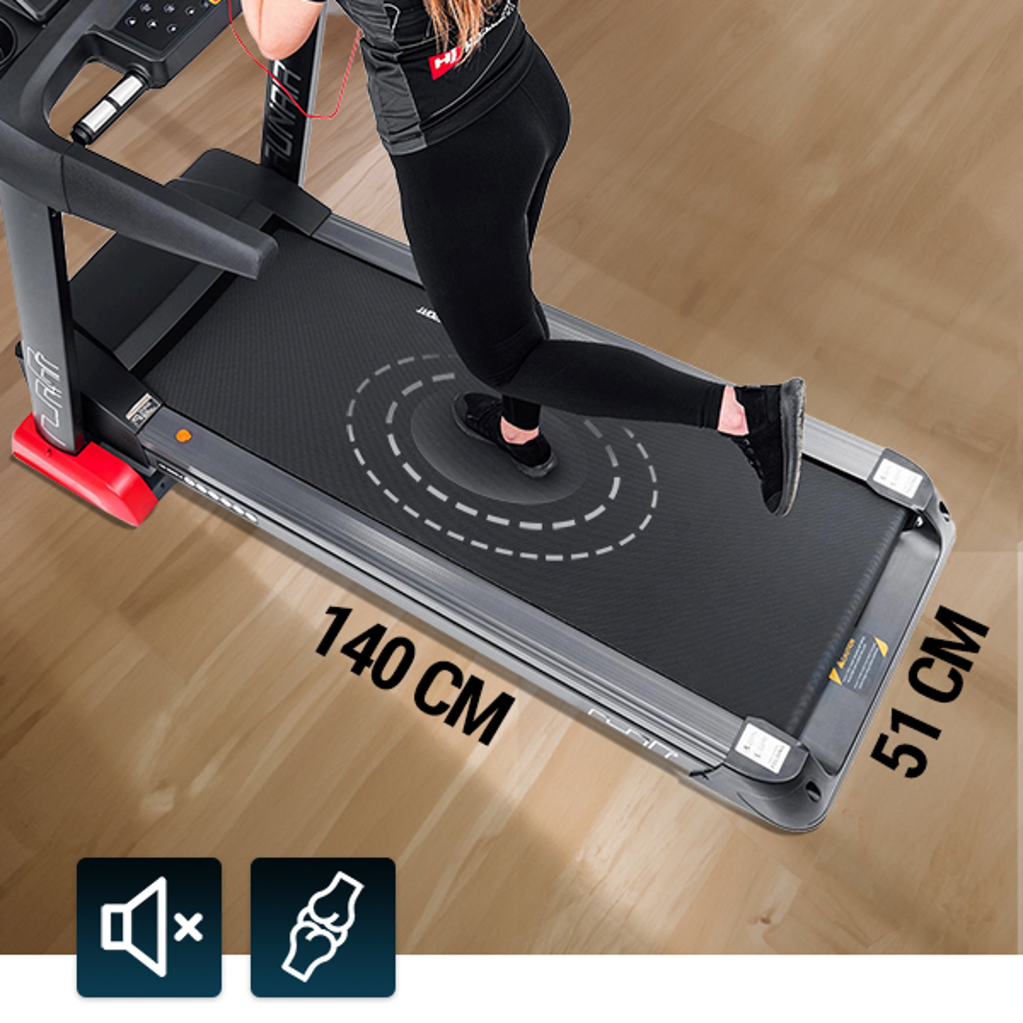 Person läuft auf einem Laufband mit den Maßen 140x51 cm und Dämpfungssymbolen.