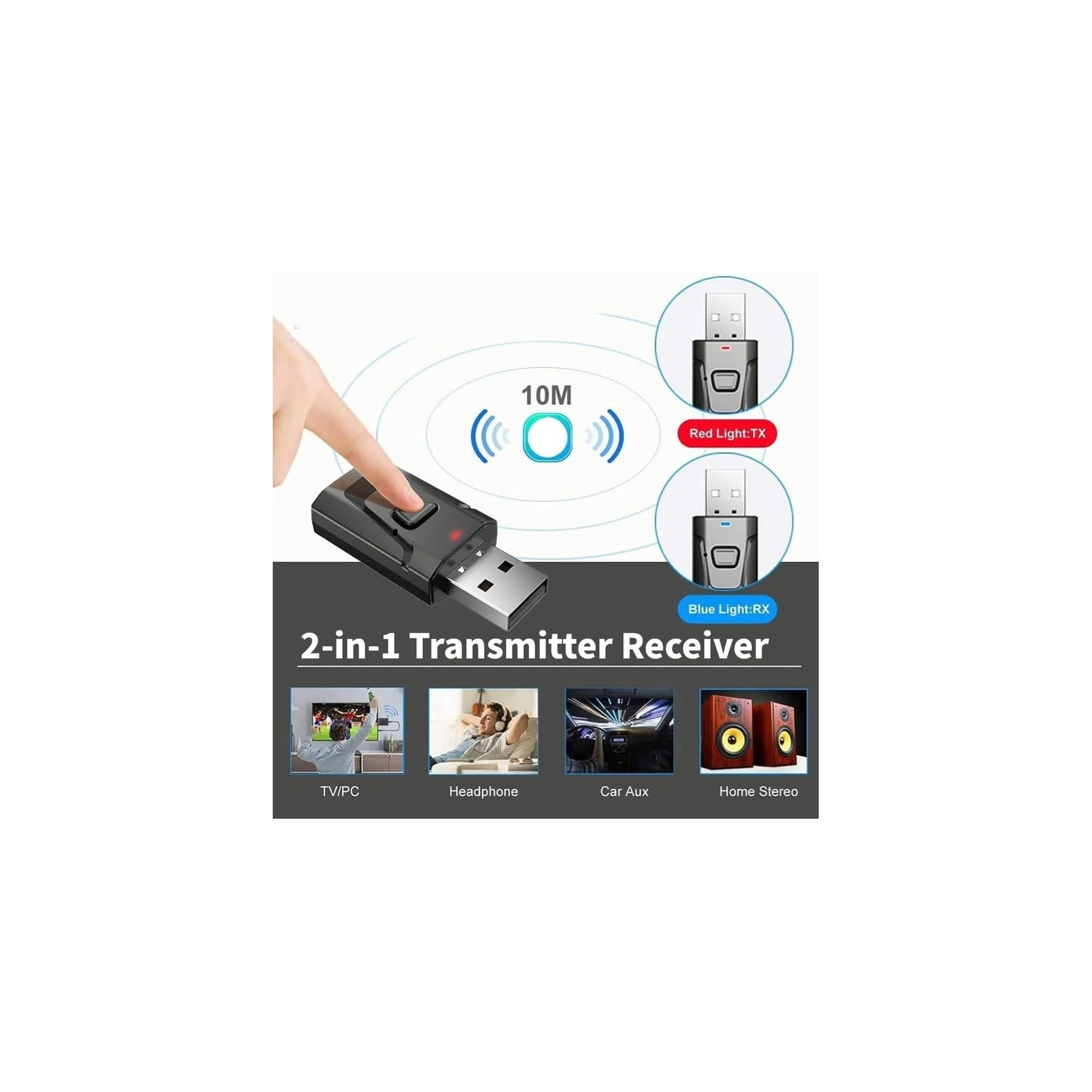 Ein schwarzer 2-in-1-Bluetooth-Audio-Sender und -Empfänger mit USB-Anschluss und Anwendungsbeispielen.