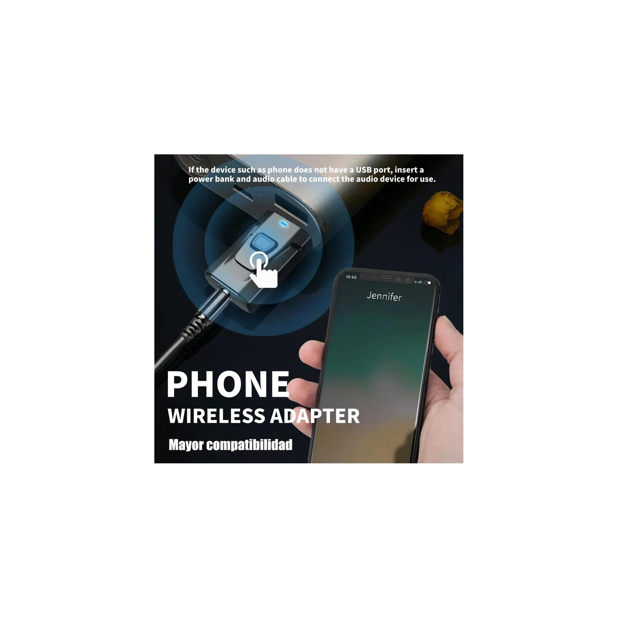 Ein Smartphone und ein kabelloser USB-Adapter auf dunklem Hintergrund mit Text.