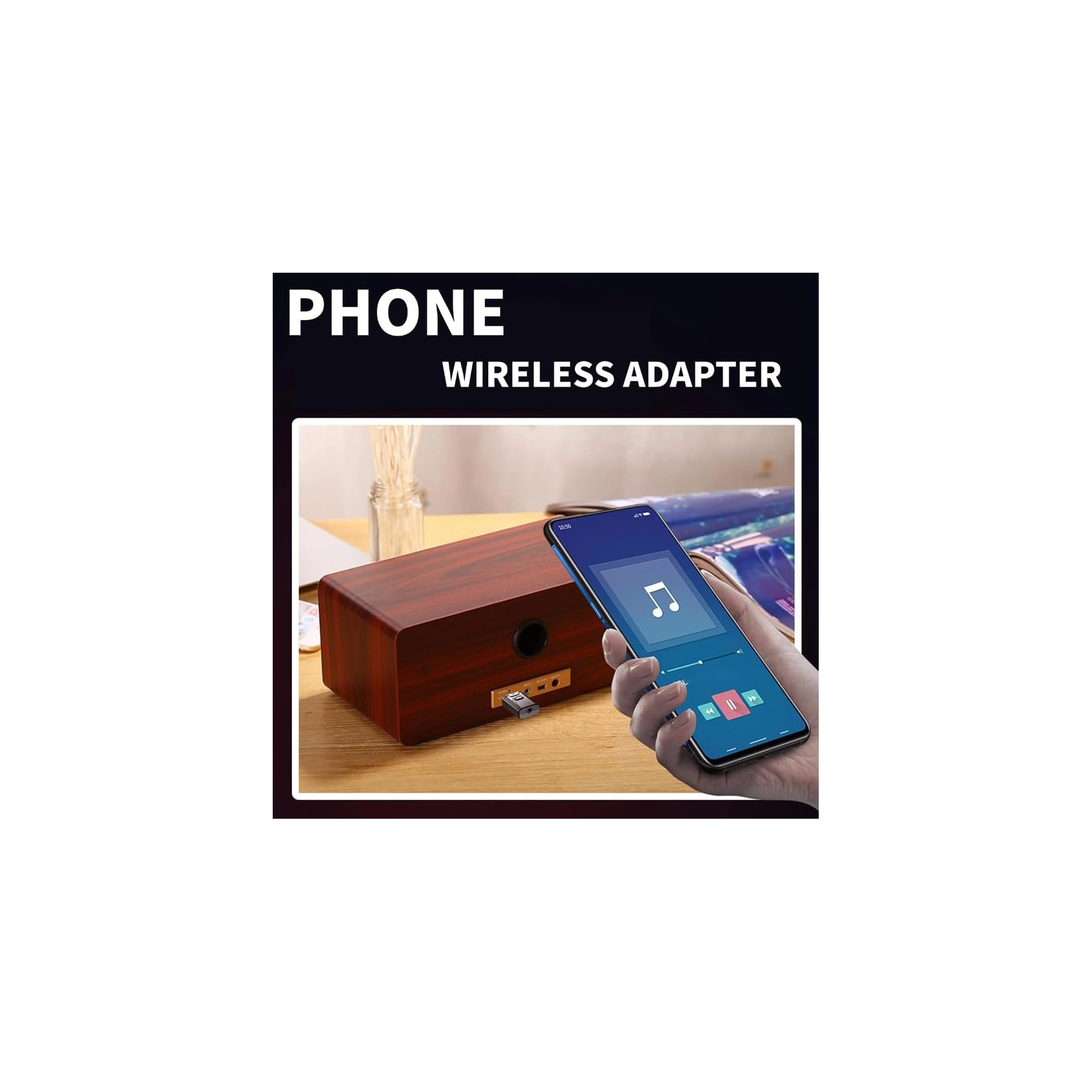 Ein Handy mit Musik-App verbindet sich über einen WLAN-Adapter mit einem Holz-Lautsprecher auf einem Schreibtisch.