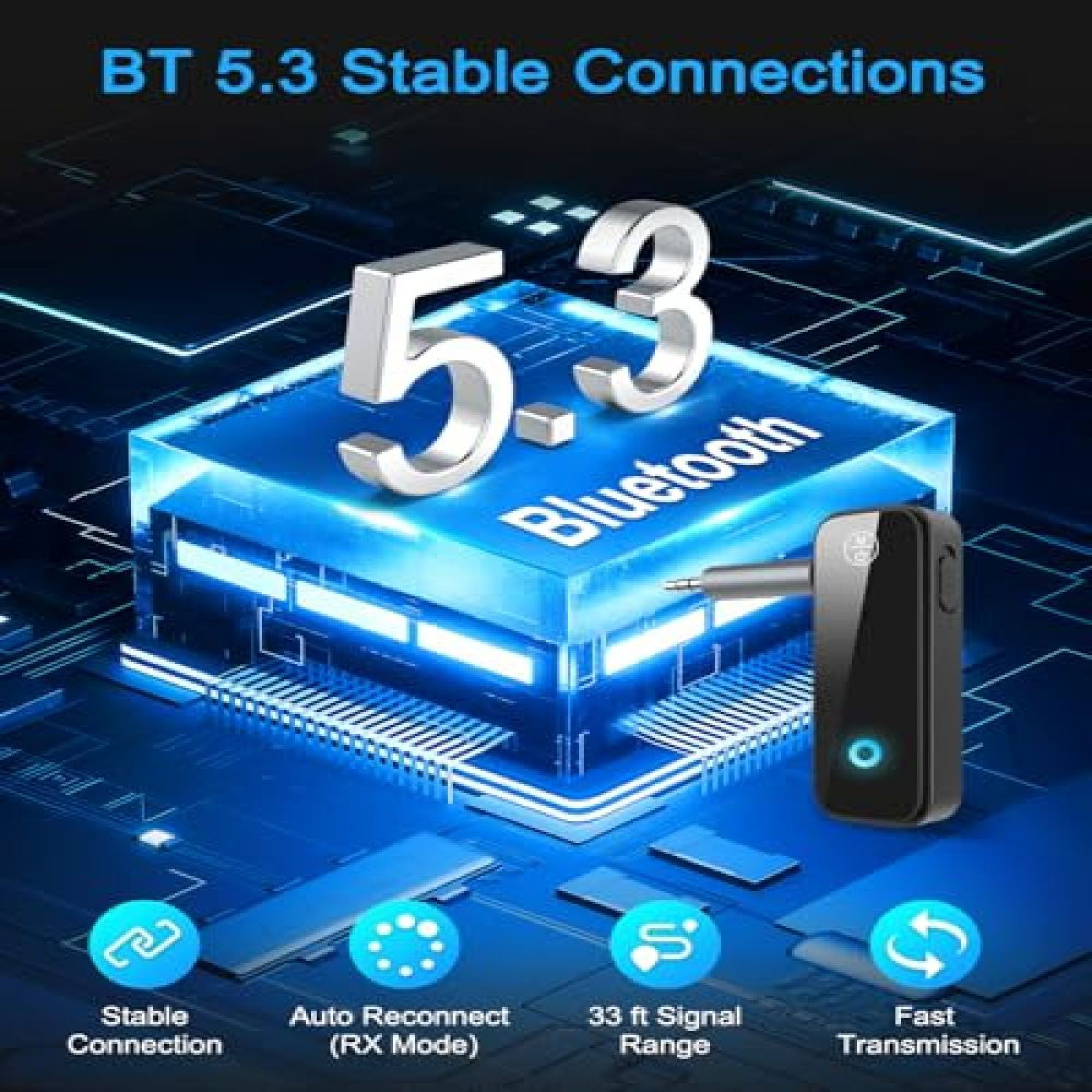 Werbegrafik für BT 5.3 Bluetooth-Adapter mit stabiler Verbindung und 10 m Reichweite.