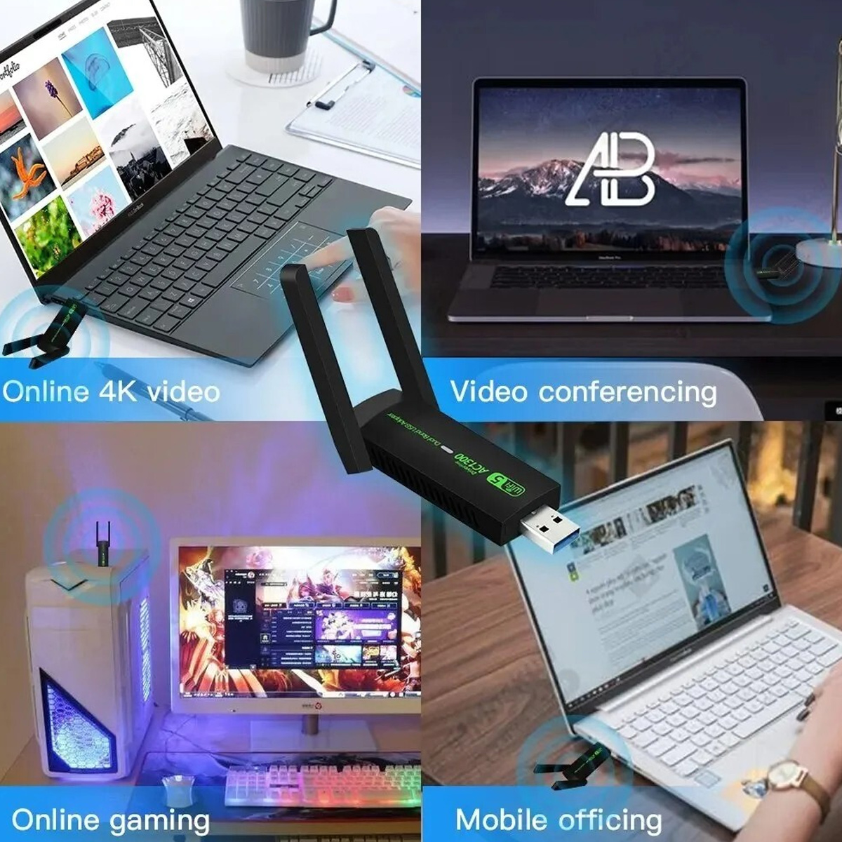 Vier geteilte Bilder zeigen einen WLAN-USB-Adapter mit zwei Antennen, verbunden mit Laptops und einem Desktop-PC.