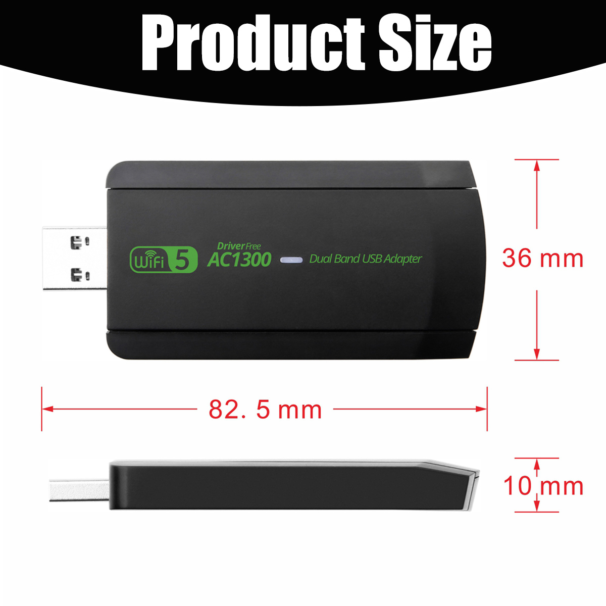 Schwarzer AC1300 Dual-Band-USB-WLAN-Adapter mit Maßangaben von 82,5 x 36 x 10 mm.