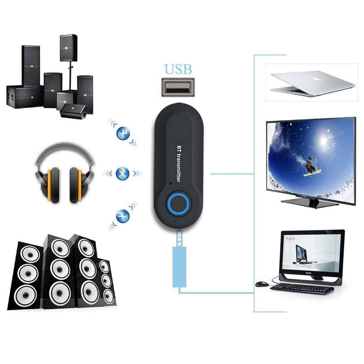 Ein schwarzer USB-Bluetooth-Transmitter verbindet drahtlos Lautsprecher und Kopfhörer mit Computern und Fernsehern.