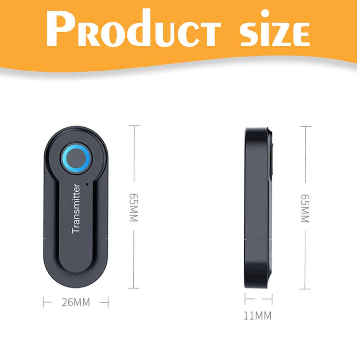 Produktgröße: Schwarzer Funksender mit Maßen von 65mm x 26mm und 11mm Dicke.