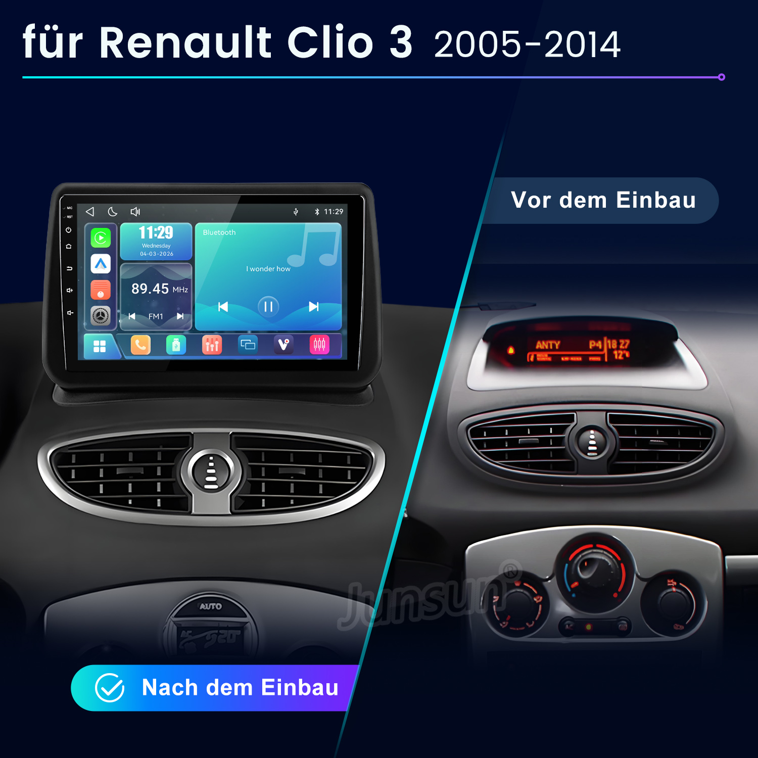 Vergleich eines Renault Clio 3 Armaturenbretts vor und nach dem Einbau eines neuen Infotainmentsystems.