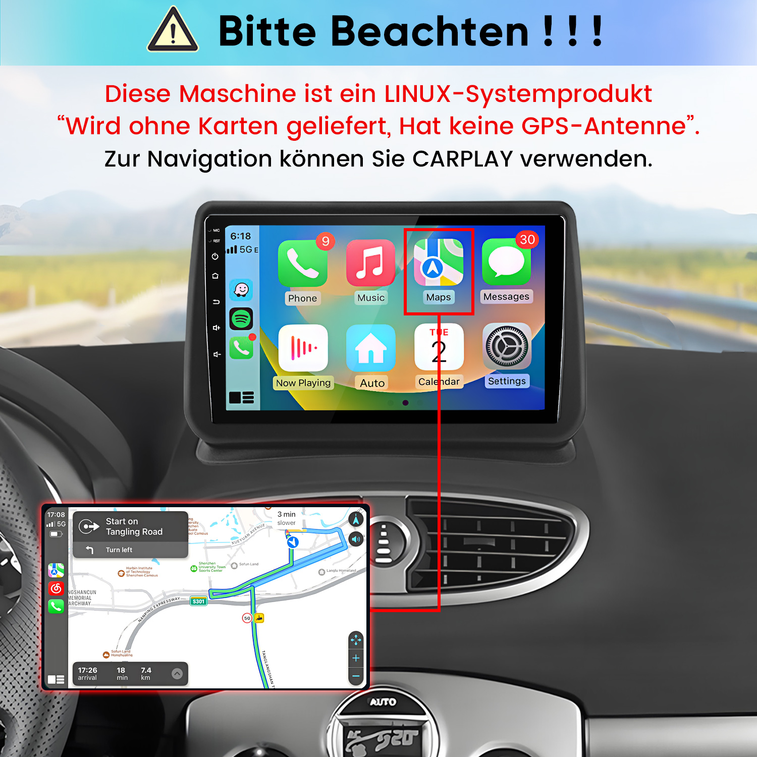 Linux-Autoradio mit CarPlay und Karten-Hinweis.