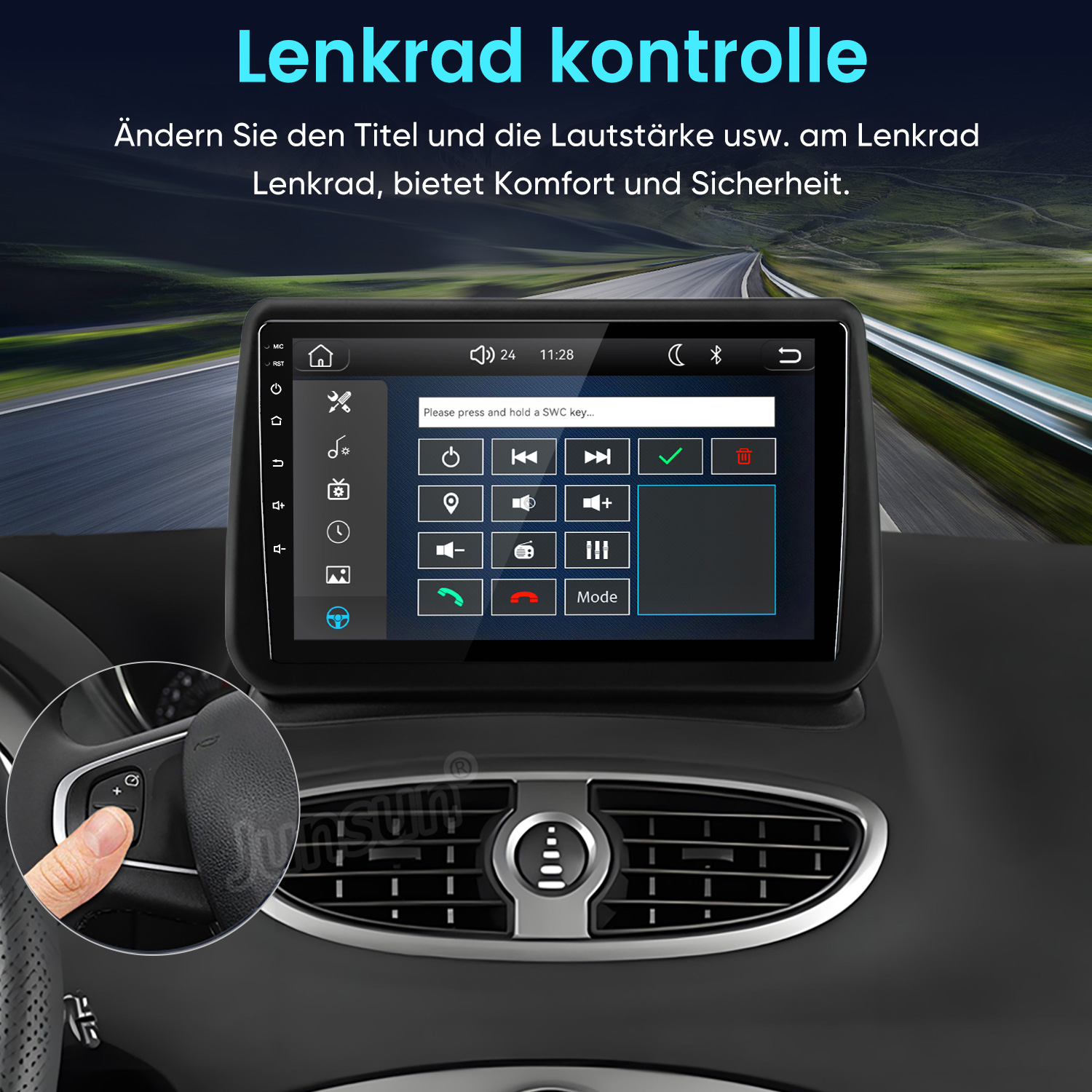 Ein Car-Display zeigt Lenkrad-Steuerungsoptionen, mit einem Inlay, das eine Hand zeigt, die ein Lenkrad bedient.