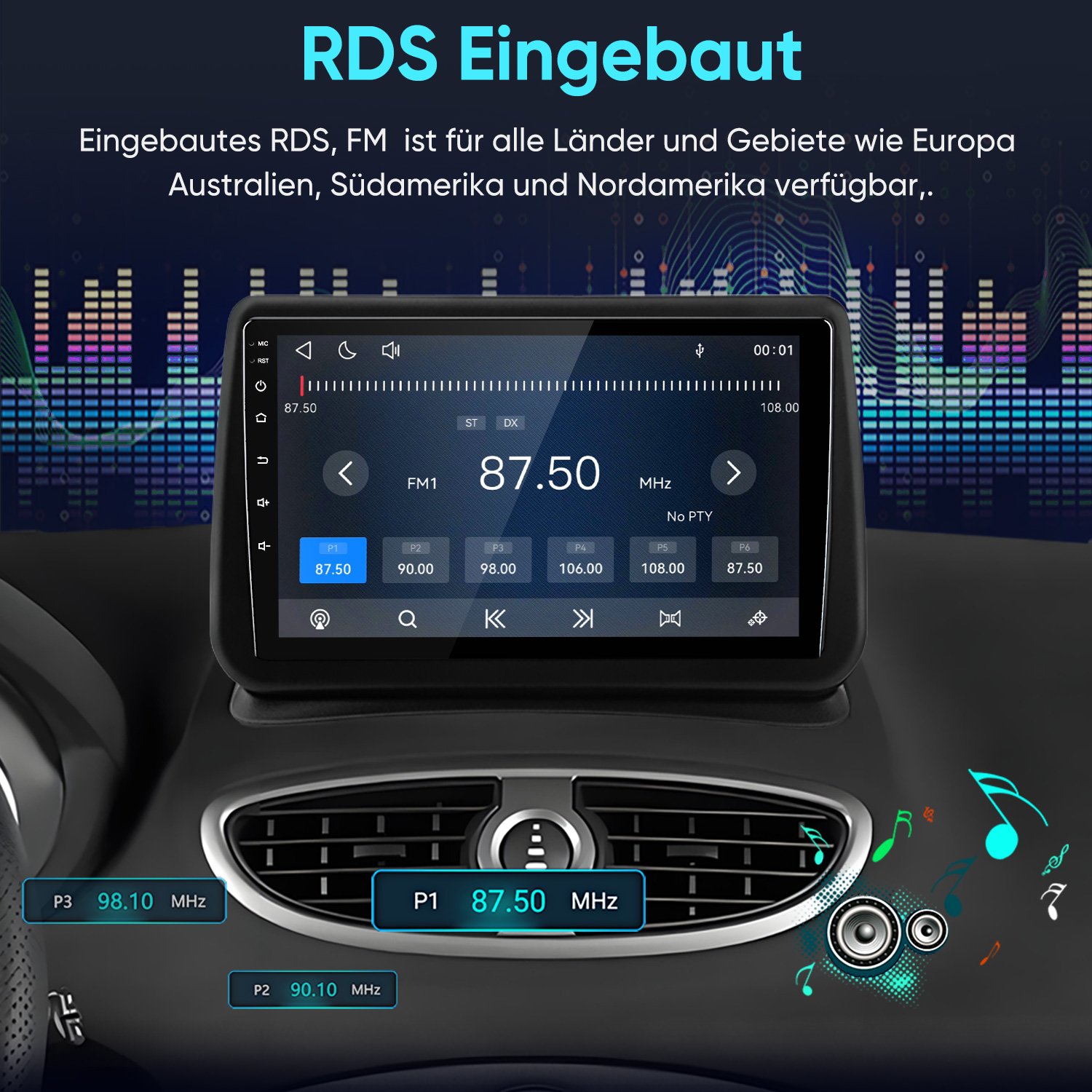 Autoradio mit RDS-Funktion und Touchscreen in einem Auto-Armaturenbrett.