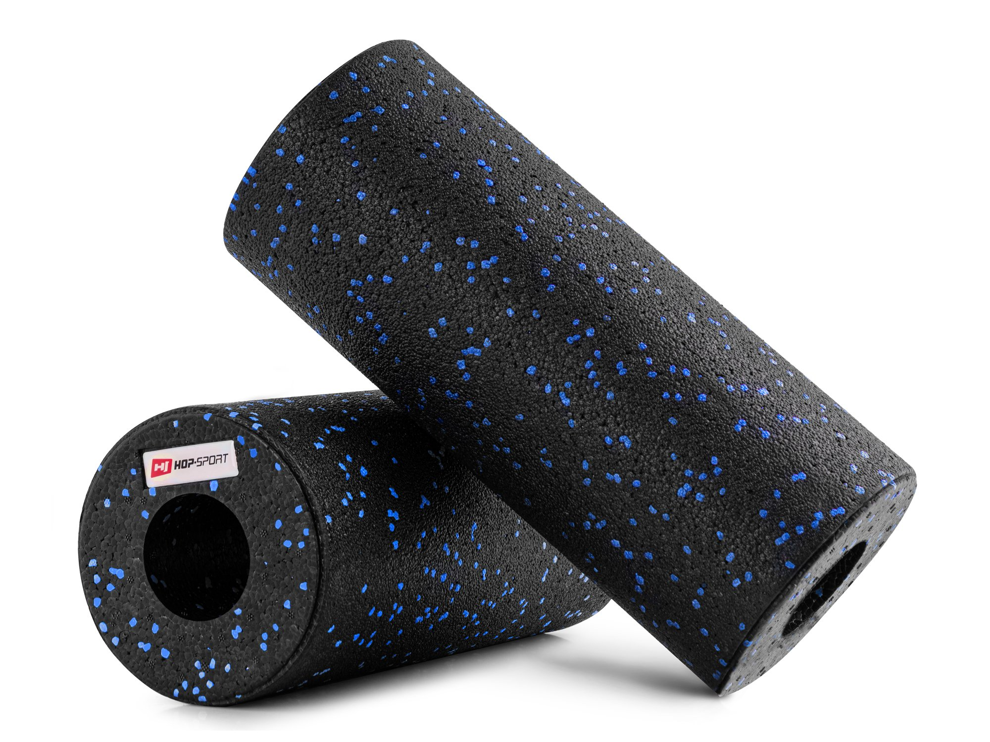 Zwei schwarze Schaumstoff-Faszienrollen mit blauen Sprenkeln und weißem Logo auf weißem Hintergrund.