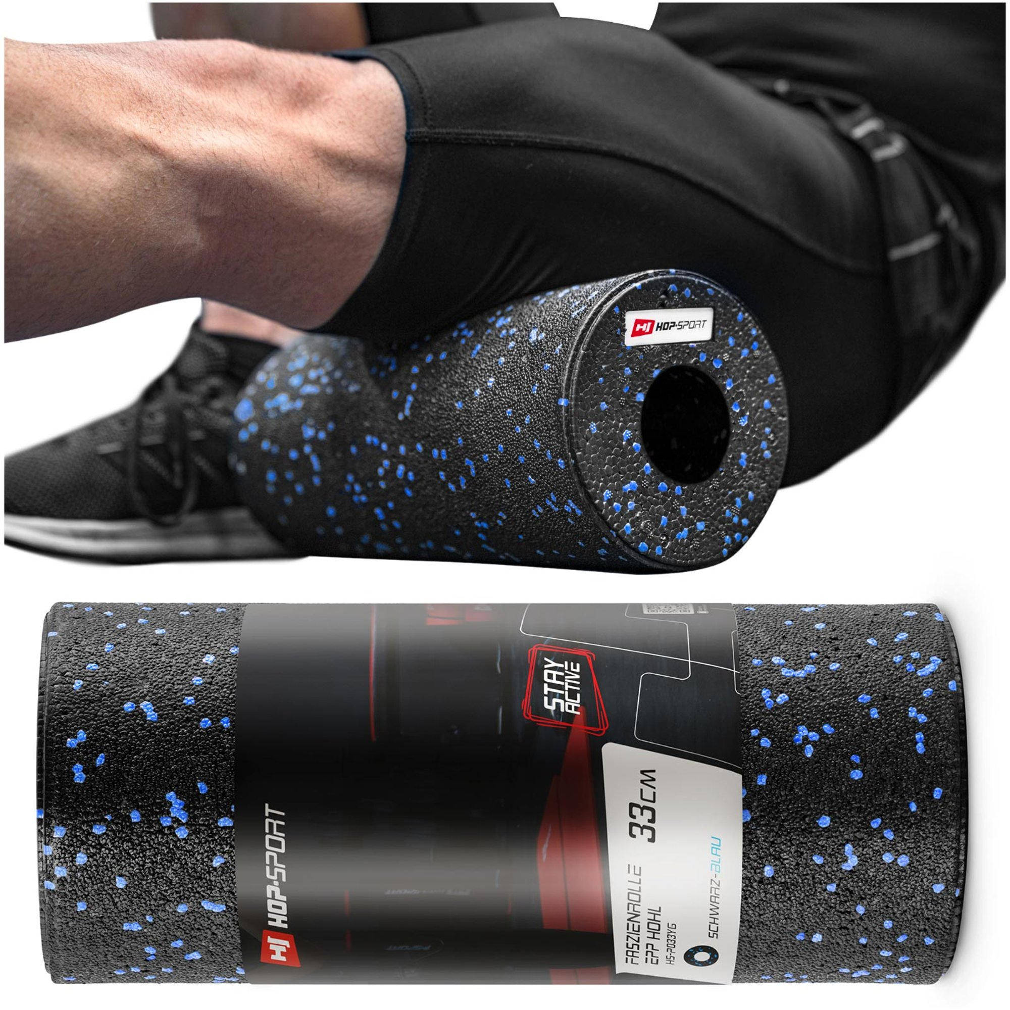 Eine schwarze Faszienrolle mit blauen Punkten wird unter den Beinen einer Person platziert.