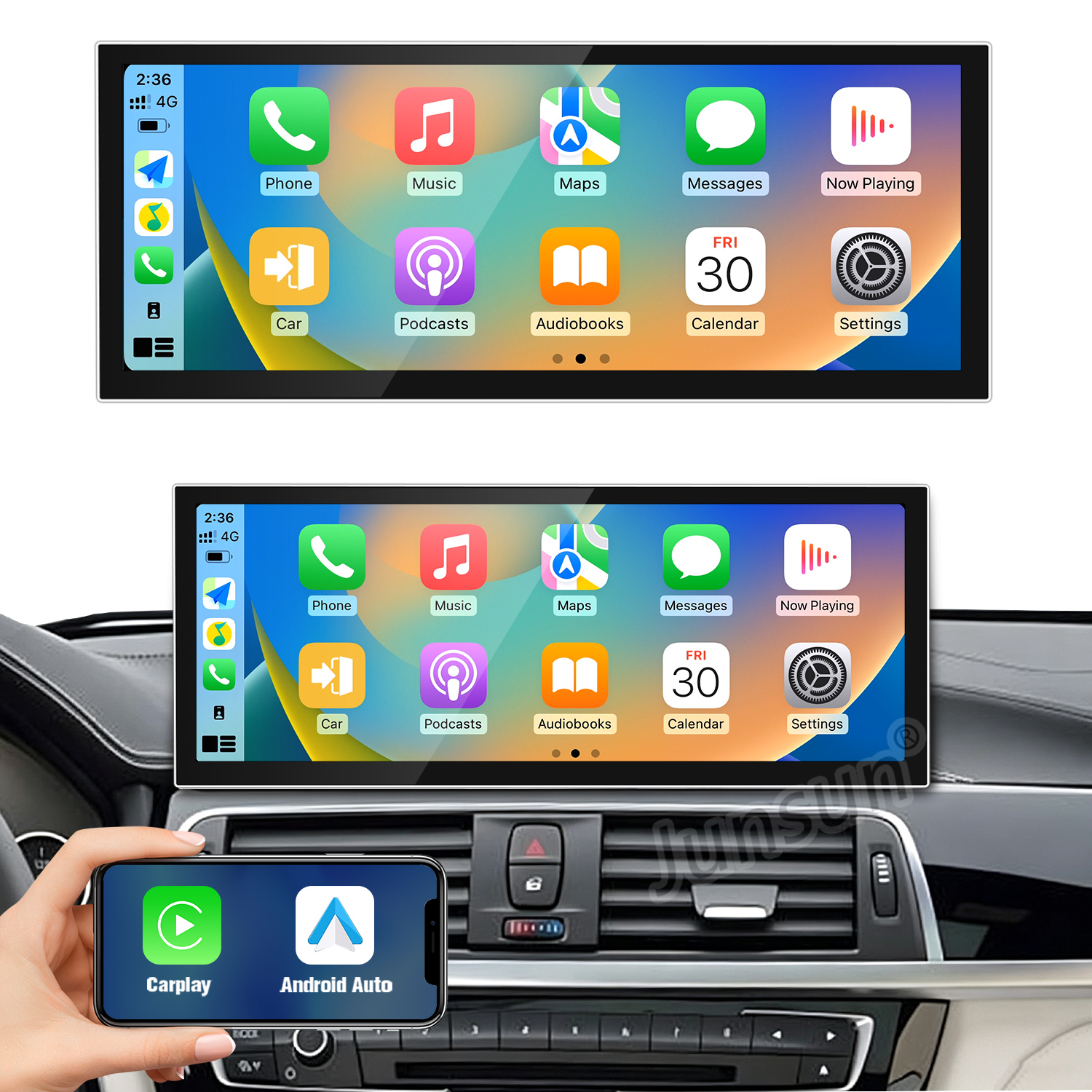 Ein Auto-Armaturenbrett zeigt Apple CarPlay Apps und eine Hand hält ein Telefon mit Carplay- und Android Auto-Symbolen.