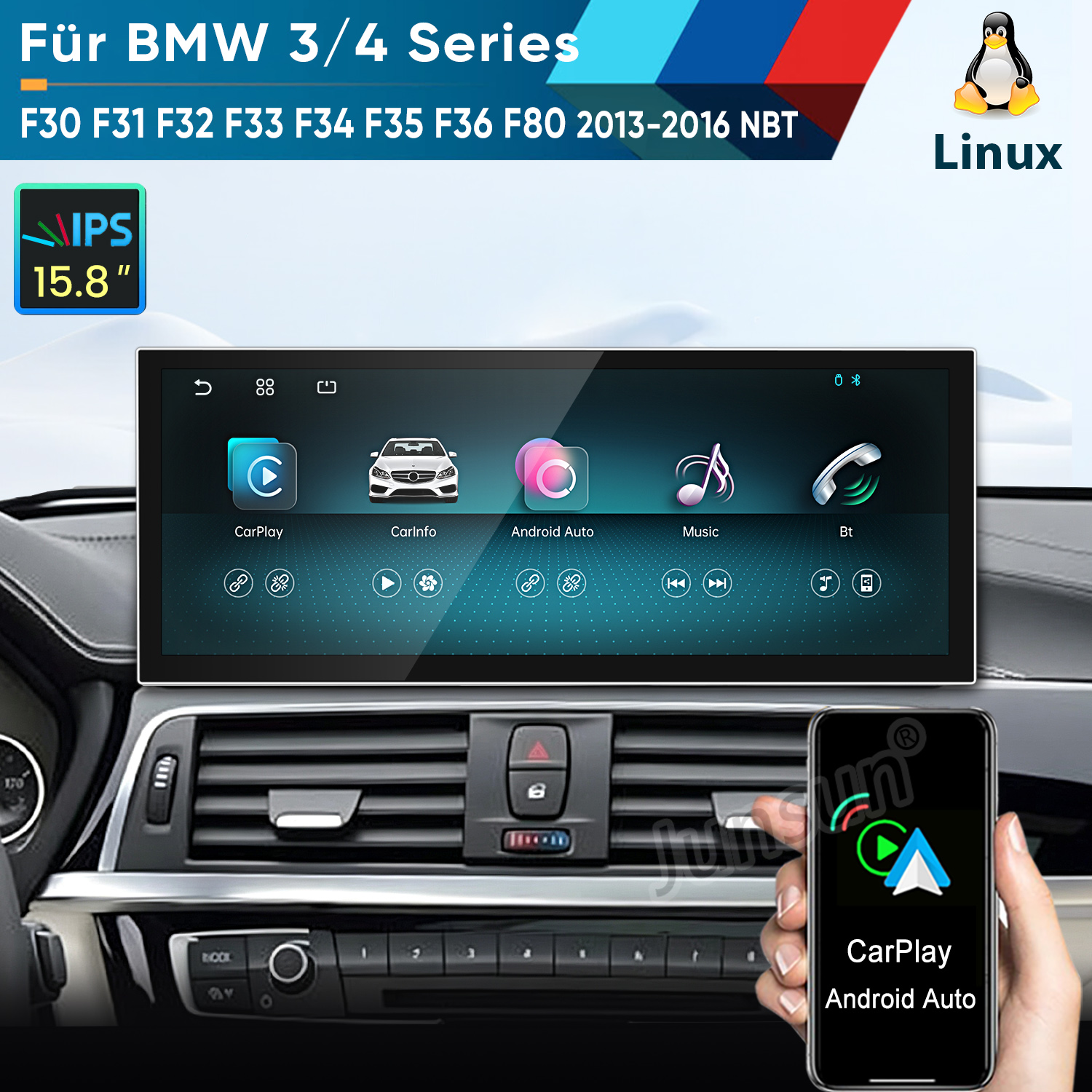 Ein Autodisplay für BMW 3er und 4er, das CarPlay, Android Auto und Musik-Icons auf dem Armaturenbrett zeigt.