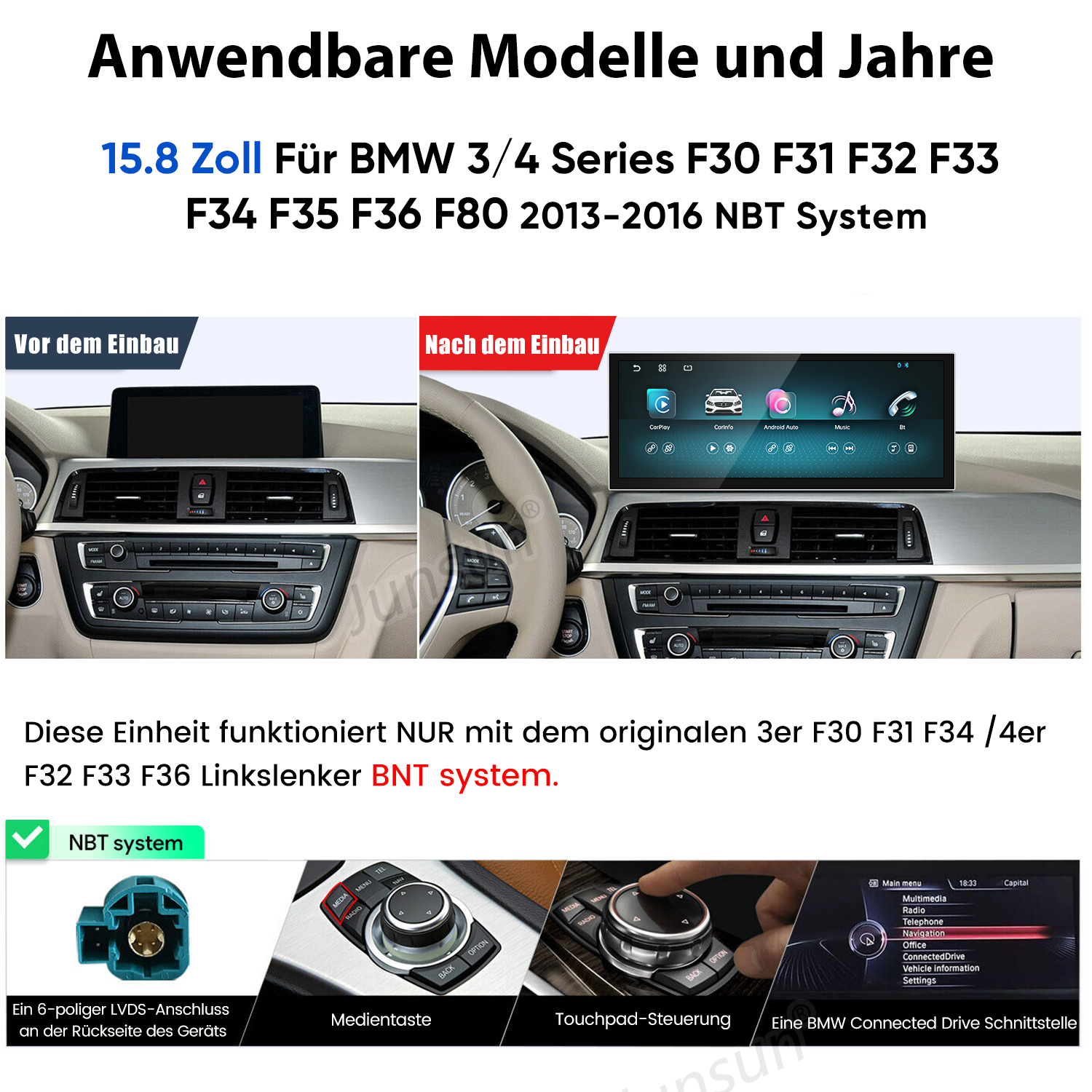 Vergleichsabbildung eines BMW-Armaturenbretts vor und nach dem Einbau eines NBT-Infotainmentsystems.