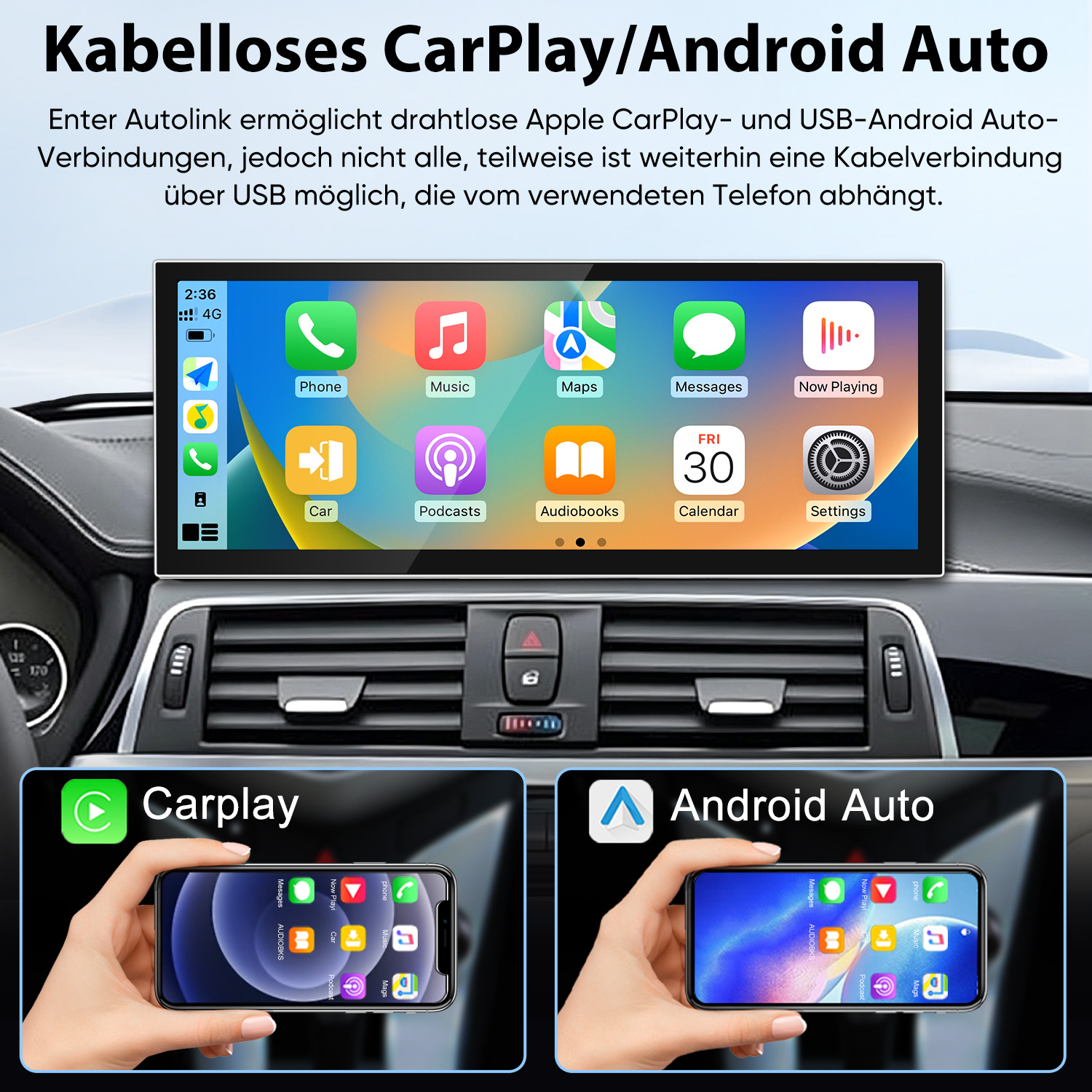 Ein Auto-Armaturenbrett zeigt drahtloses Apple CarPlay und Android Auto auf einem breiten Touchscreen.