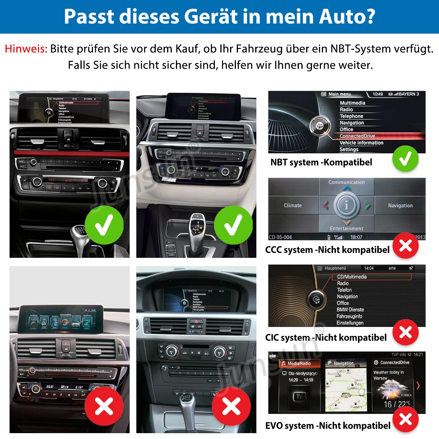 Vergleichsbilder von BMW Armaturenbrettern mit NBT, CCC, CIC und EVO Systemen zur Kompatibilitätsprüfung.