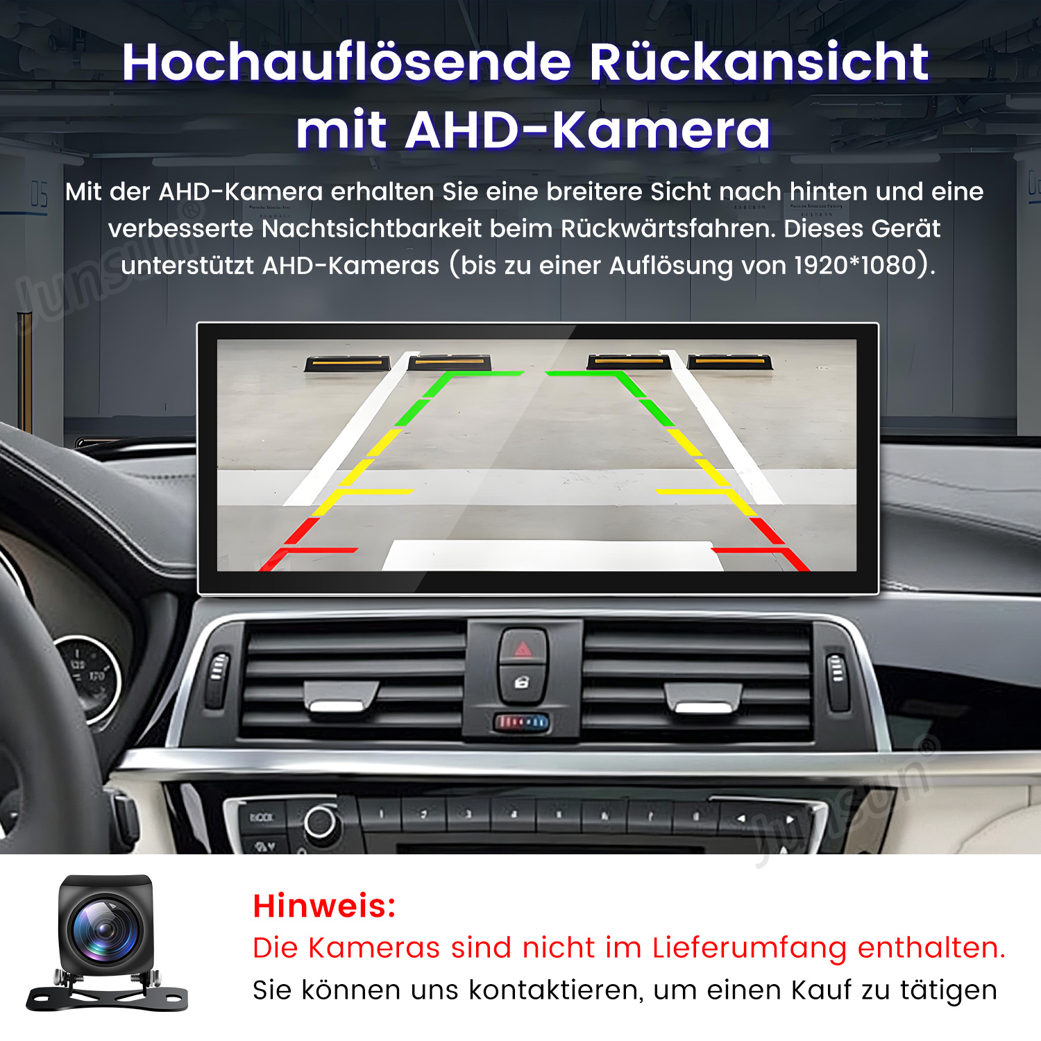 Auto-Armaturenbrett mit großem Bildschirm, der Rückfahrkamera-Ansicht zeigt.
