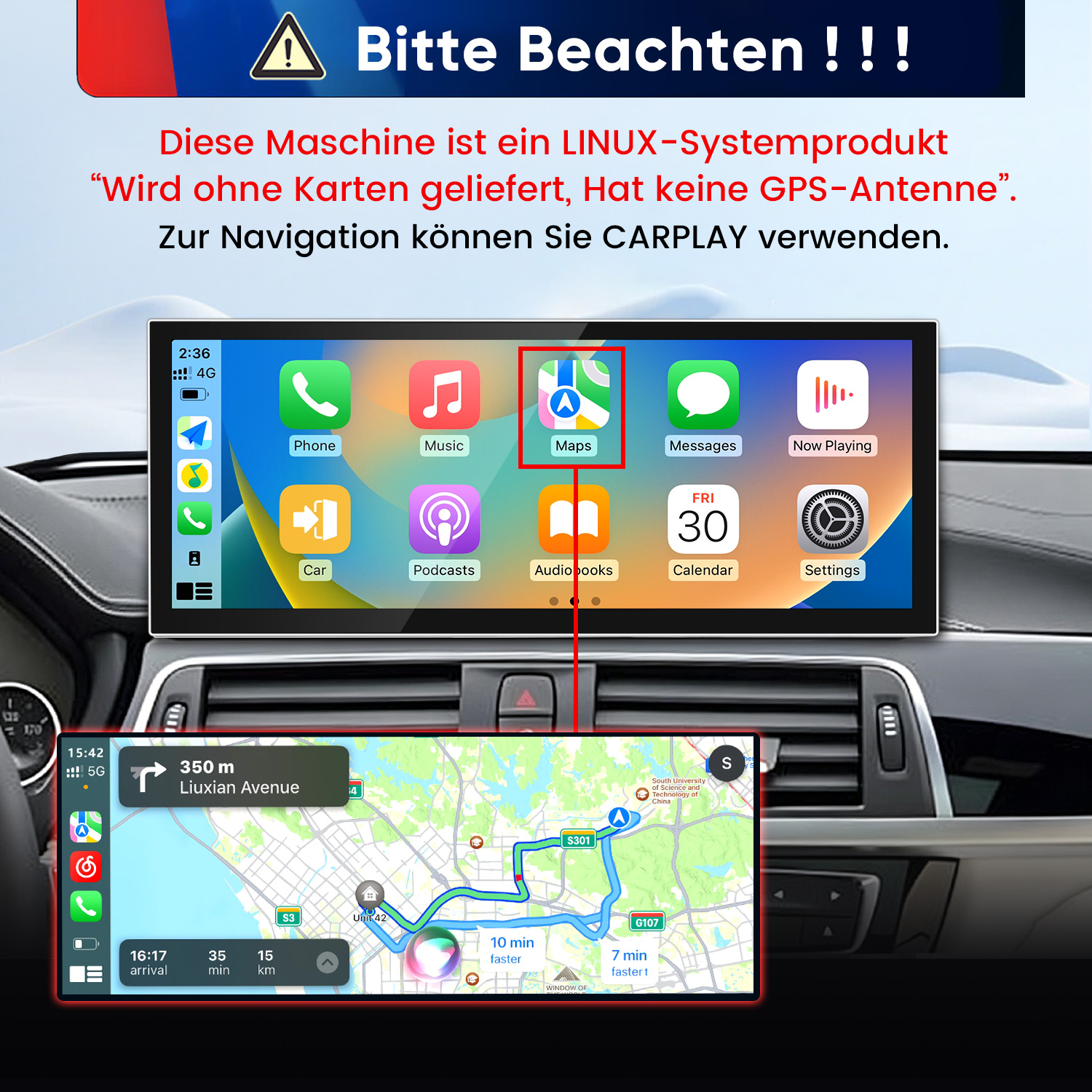 Autodisplay mit CarPlay-Symbolen und eingeblendeter Karten-Navigation auf dem Armaturenbrett.