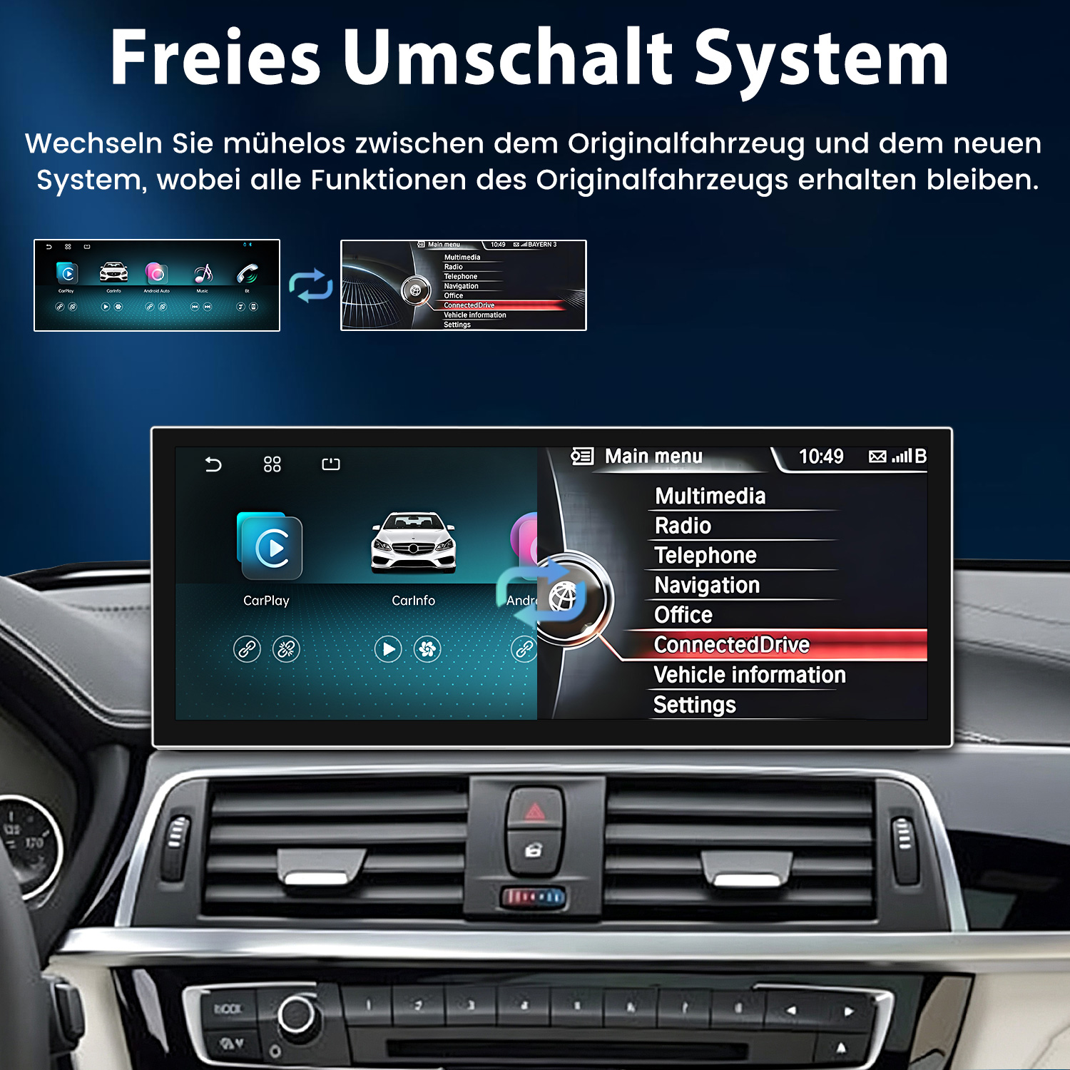 Ein Auto-Navigationsbildschirm zeigt ein Menü mit CarPlay und Originalfunktionen.