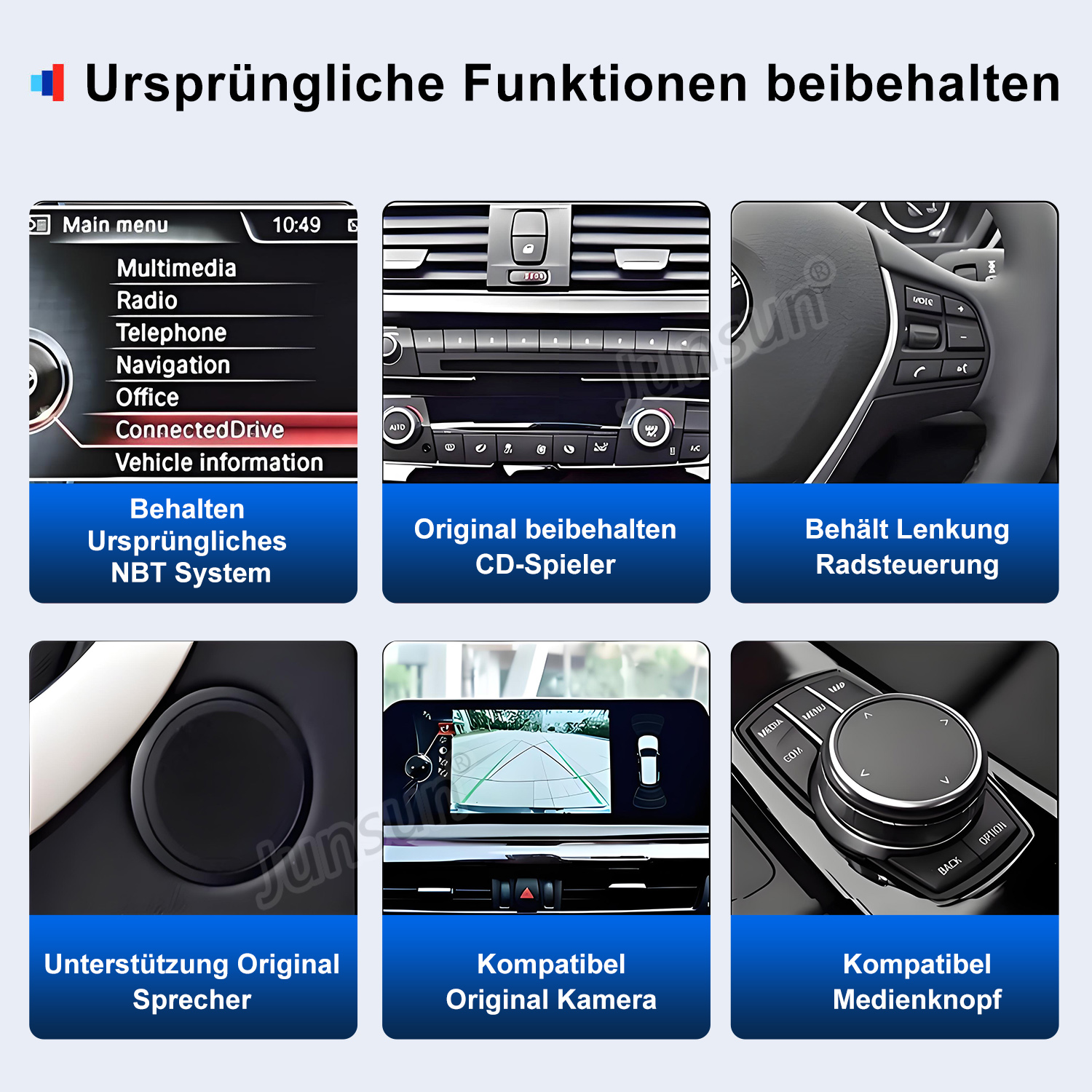 Sechs Bilder zeigen Funktionen des Autos wie NBT-System, CD-Spieler, Lenkrad, Lautsprecher, Kamera und Medienknopf.