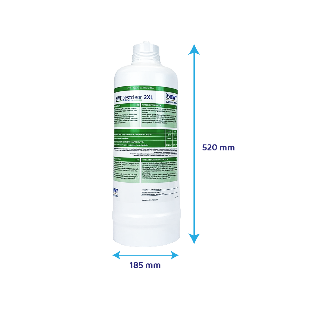 Weißer BWT bestclear 2XL Wasserfilter mit blauen Maßangaben von 520 mm Höhe und 185 mm Breite vor weißem Hintergrund.