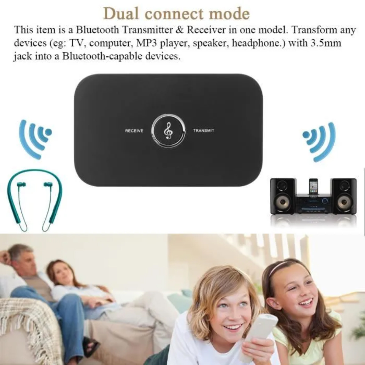 Ein schwarzer Bluetooth-Sender, Kopfhörer, Lautsprecher und lächelnde Kinder.